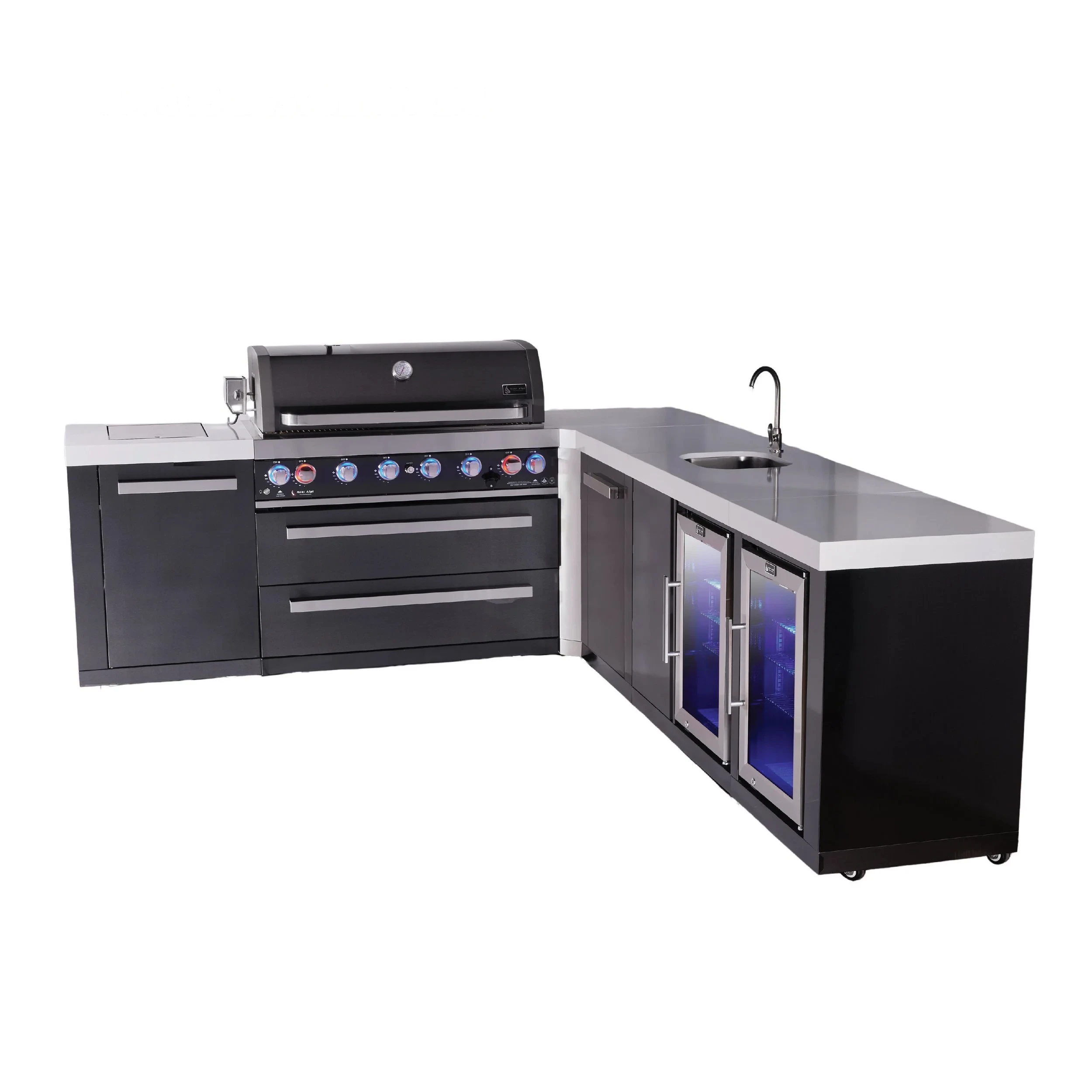 6-burner L-shaped Black Series Outdoor Kitchen Island With Beverage Center, Corner Fridge & Xl Extra Storage Cabinet MAI805BSS90BEVFCXL