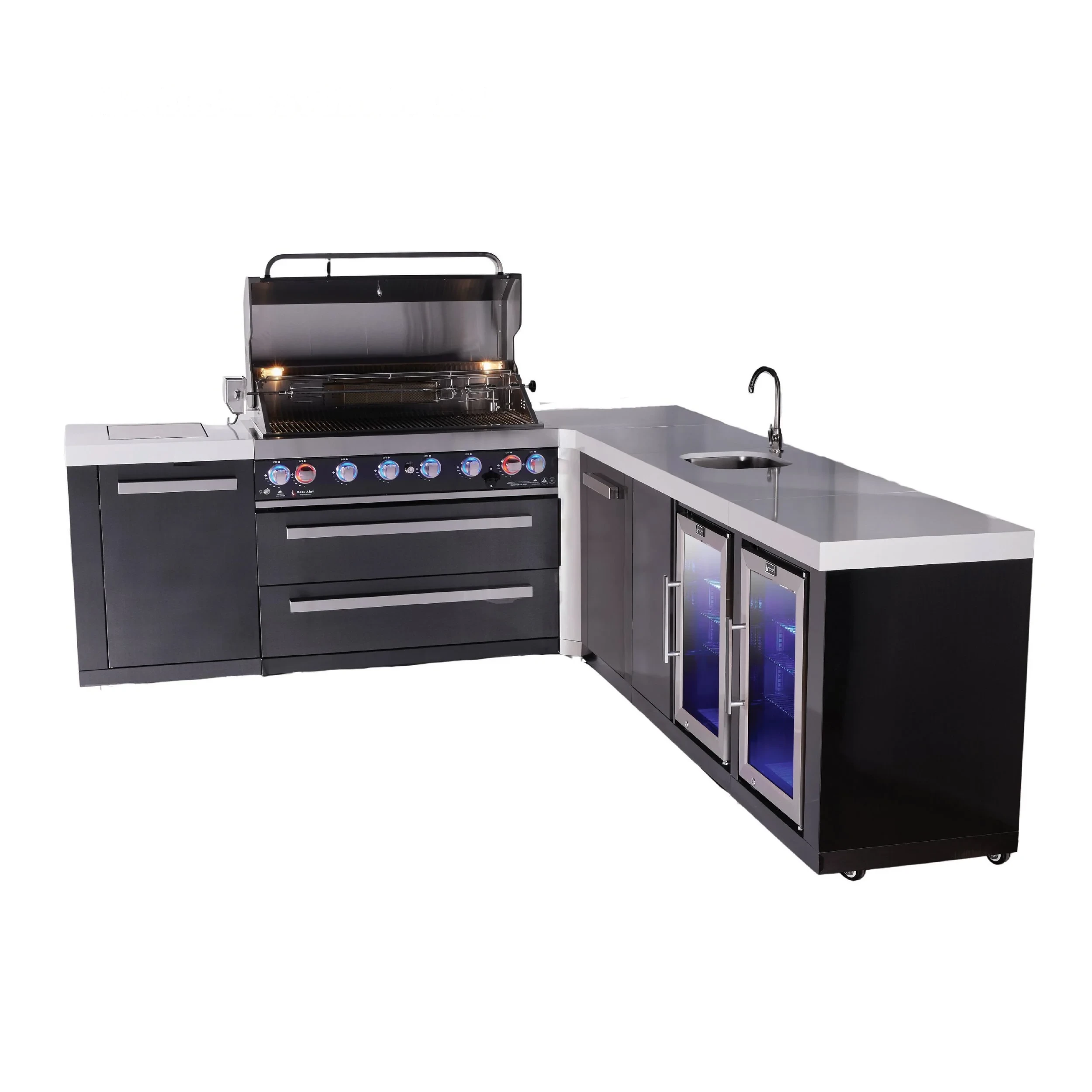 6-burner L-shaped Black Series Outdoor Kitchen Island With Beverage Center, Corner Fridge & Xl Extra Storage Cabinet MAI805BSS90BEVFCXL