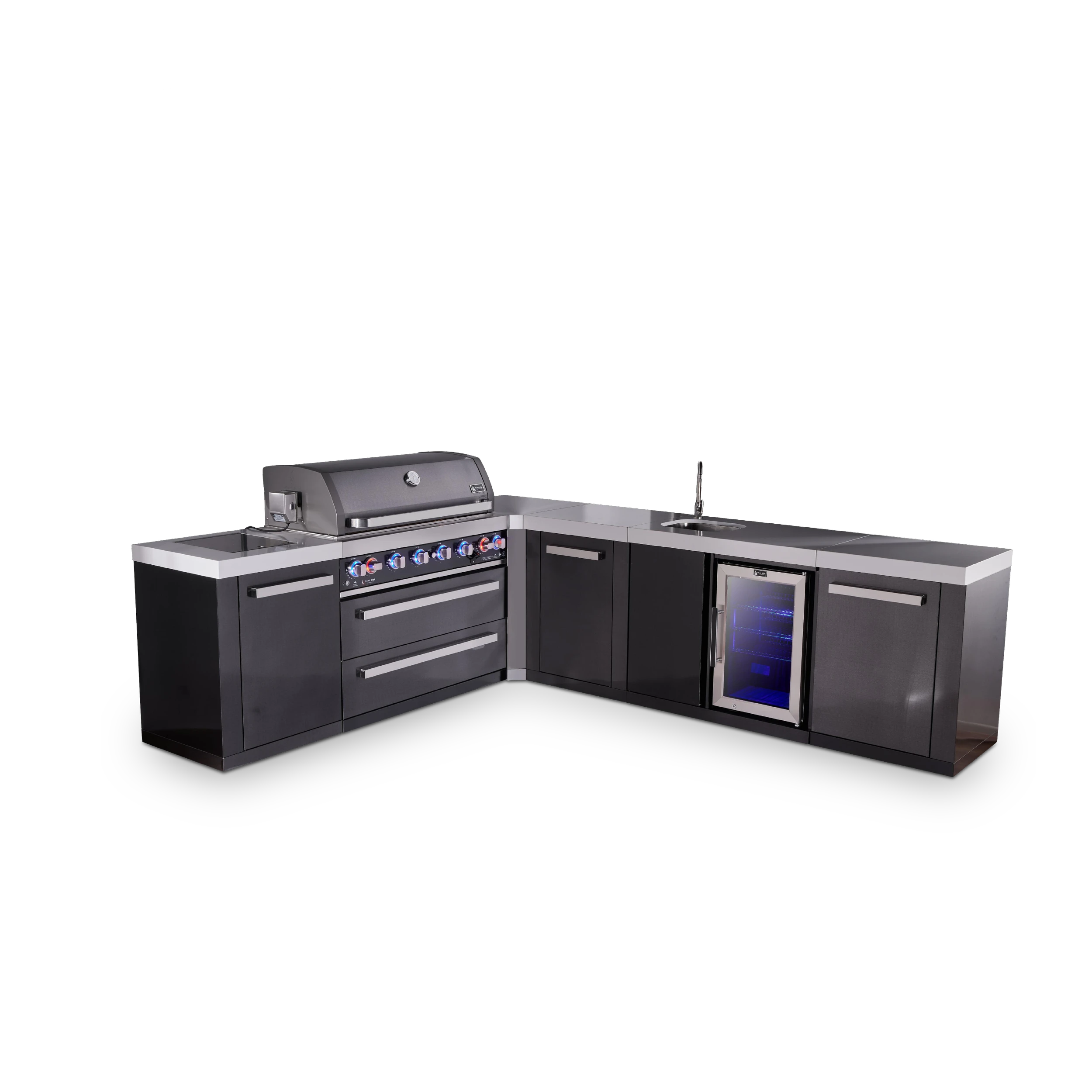6-burner L-shaped Black Series Outdoor Kitchen Island With Beverage Center And Extra Storage Cabinet MAI805BSS90BEVXL