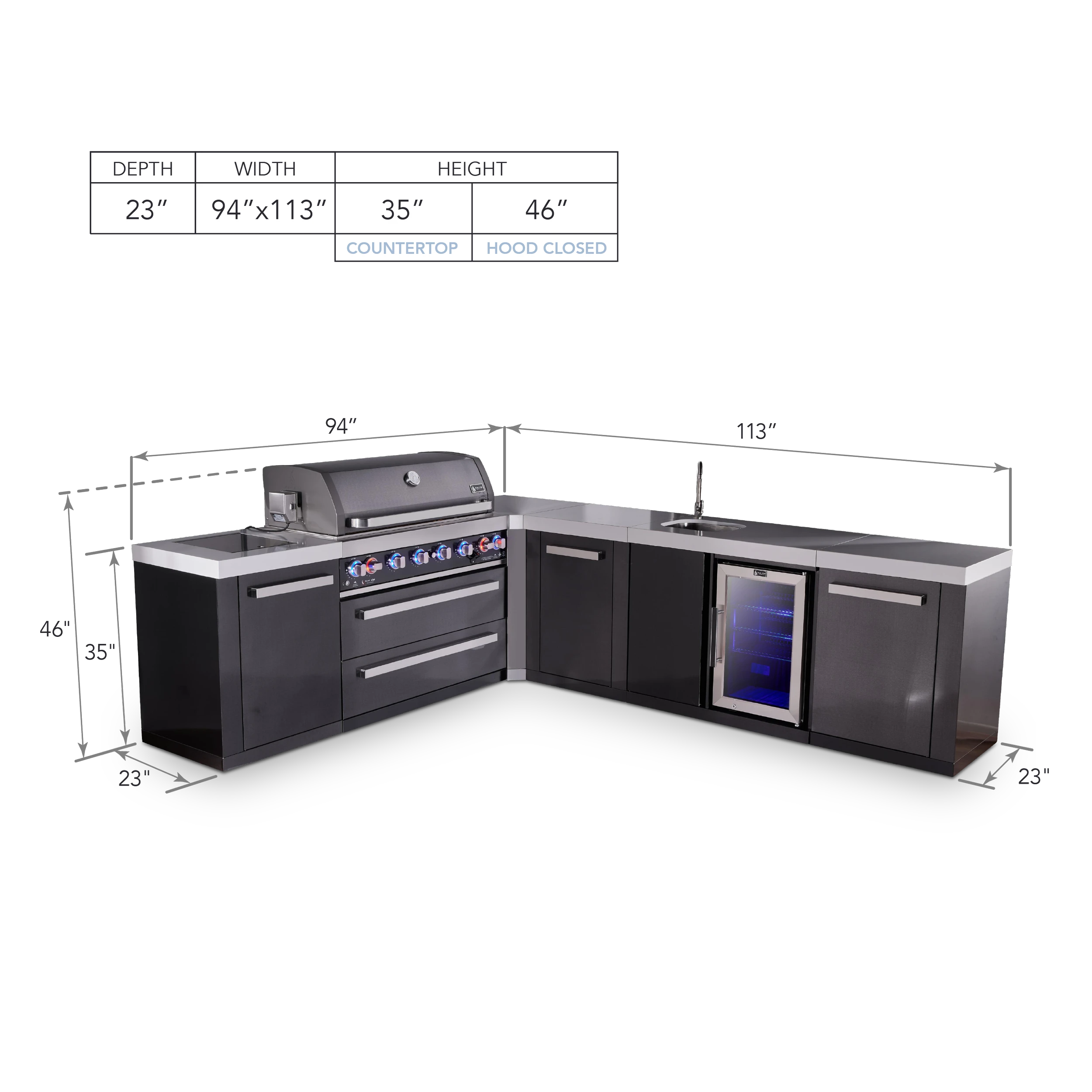 6-burner L-shaped Black Series Outdoor Kitchen Island With Beverage Center And Extra Storage Cabinet MAI805BSS90BEVXL