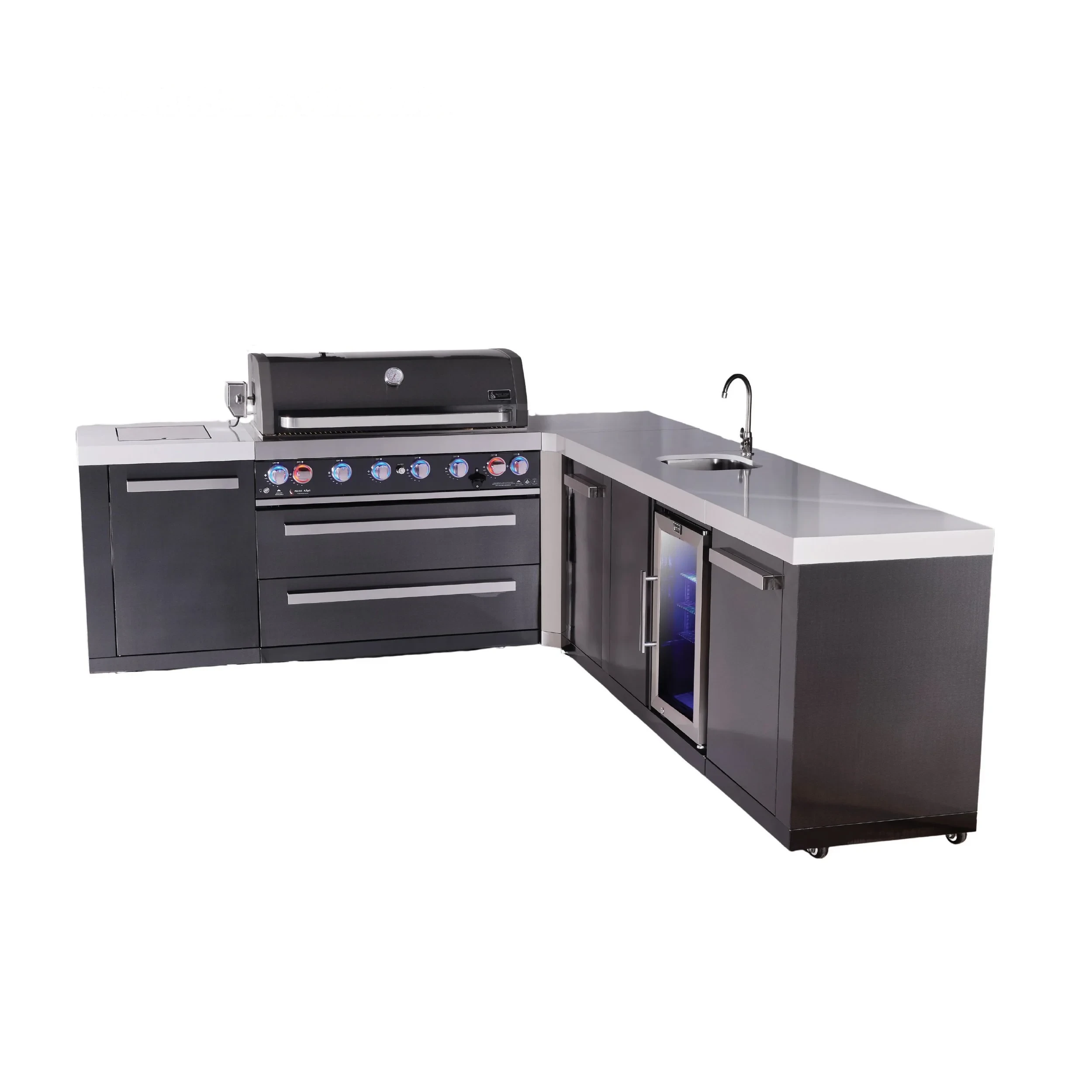 6-burner L-shaped Black Series Outdoor Kitchen Island With Beverage Center And Extra Storage Cabinet MAI805BSS90BEVXL