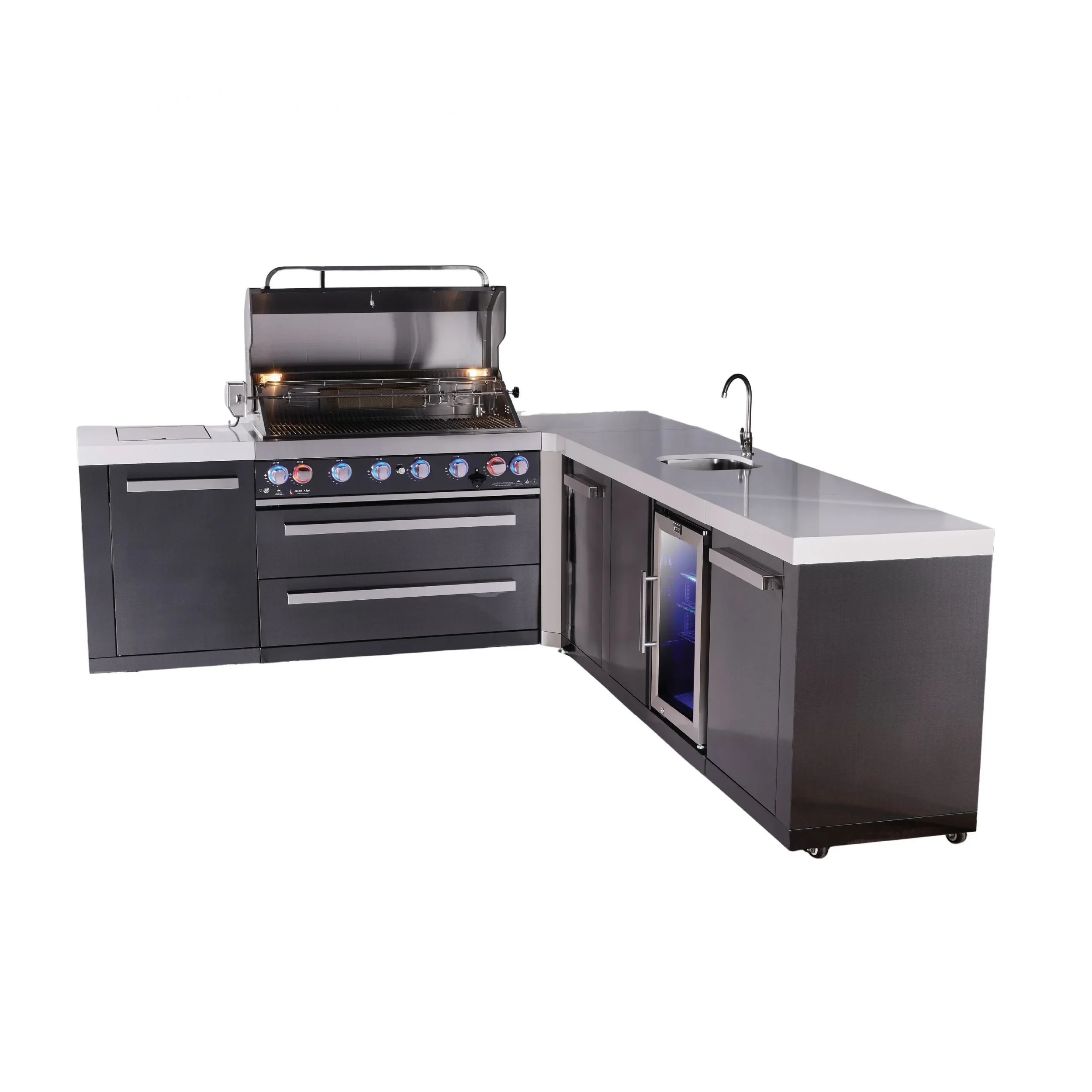 6-burner L-shaped Black Series Outdoor Kitchen Island With Beverage Center And Extra Storage Cabinet MAI805BSS90BEVXL