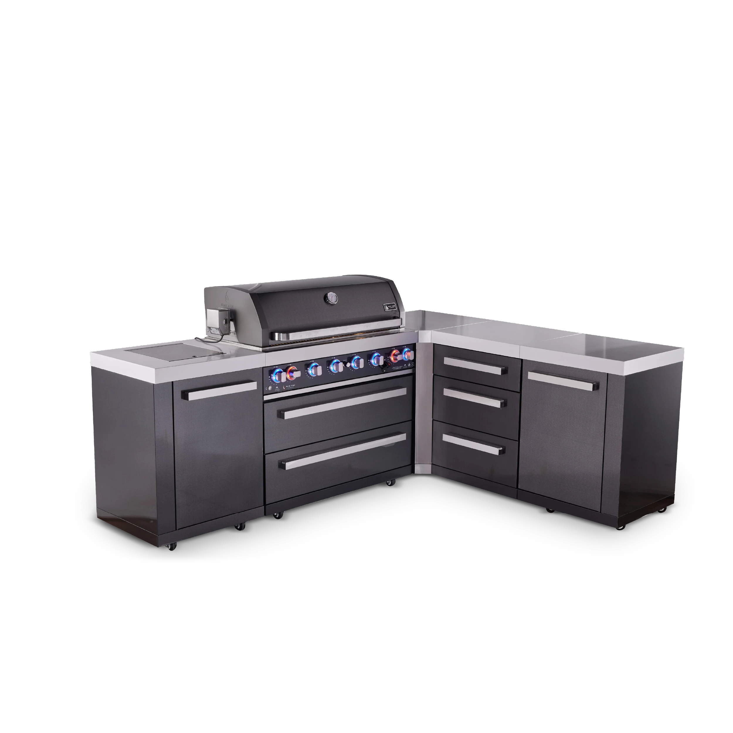 6-burner L-shaped Black Series Outdoor Kitchen Island With Corner Unit & Extra Drawer Slides Cabinet MAI805BSS90DR