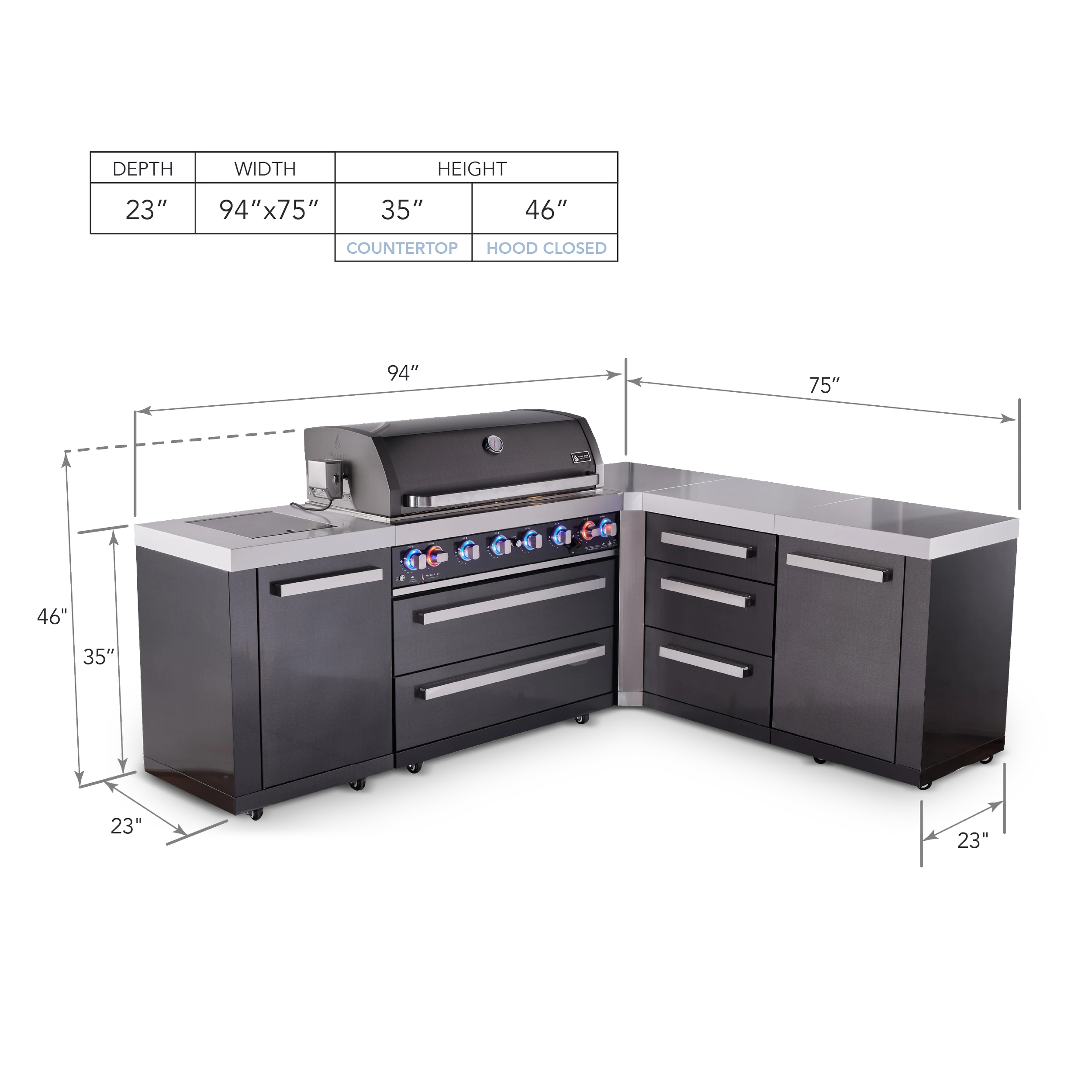 6-burner L-shaped Black Series Outdoor Kitchen Island With Corner Unit & Extra Drawer Slides Cabinet MAI805BSS90DR