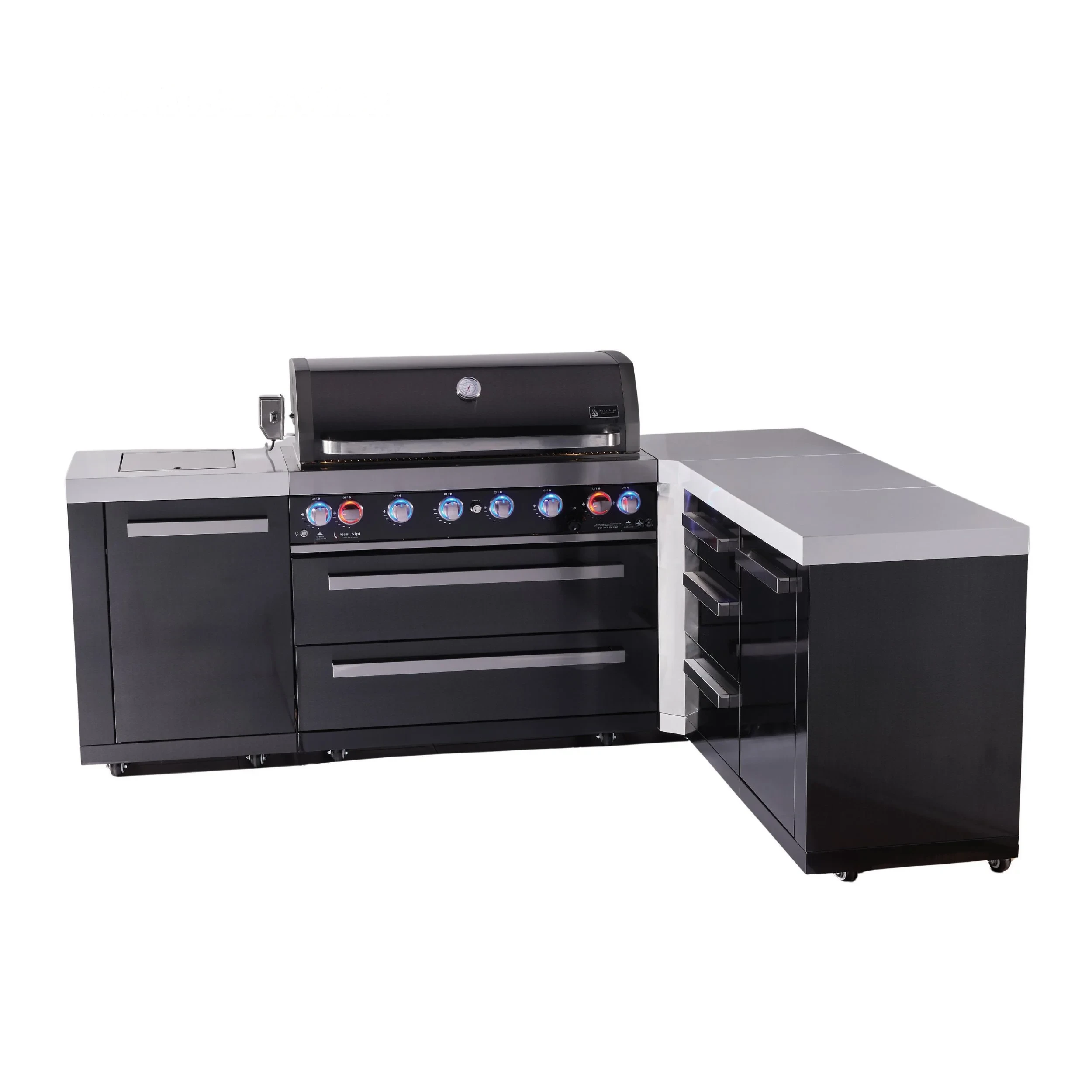 6-burner L-shaped Black Series Outdoor Kitchen Island With Corner Unit & Extra Drawer Slides Cabinet MAI805BSS90DR