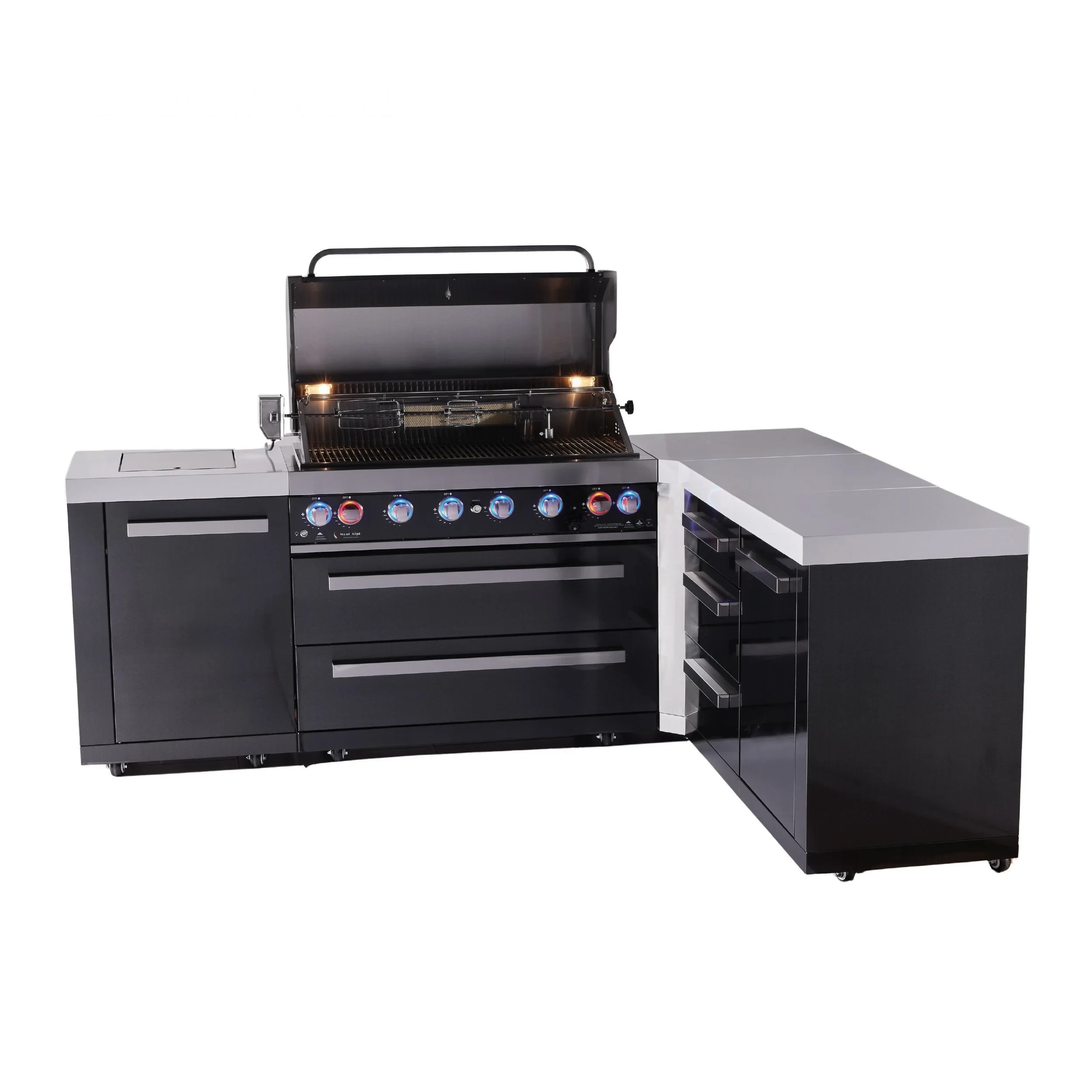 6-burner L-shaped Black Series Outdoor Kitchen Island With Corner Unit & Extra Drawer Slides Cabinet MAI805BSS90DR