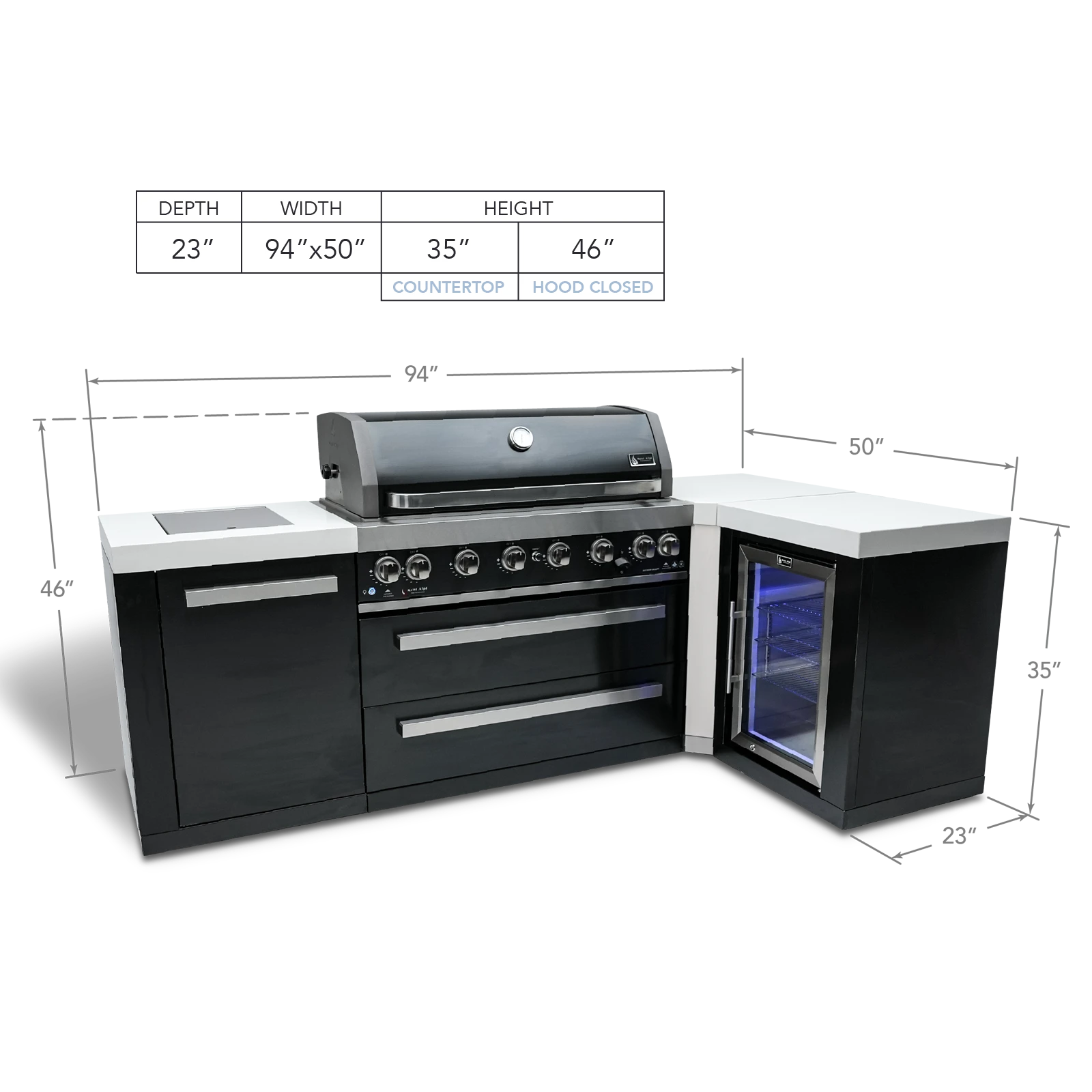 805 Black Stainless Steel Island With A 90-degree Corner And A Fridge Cabinet MAI805BSS90FC