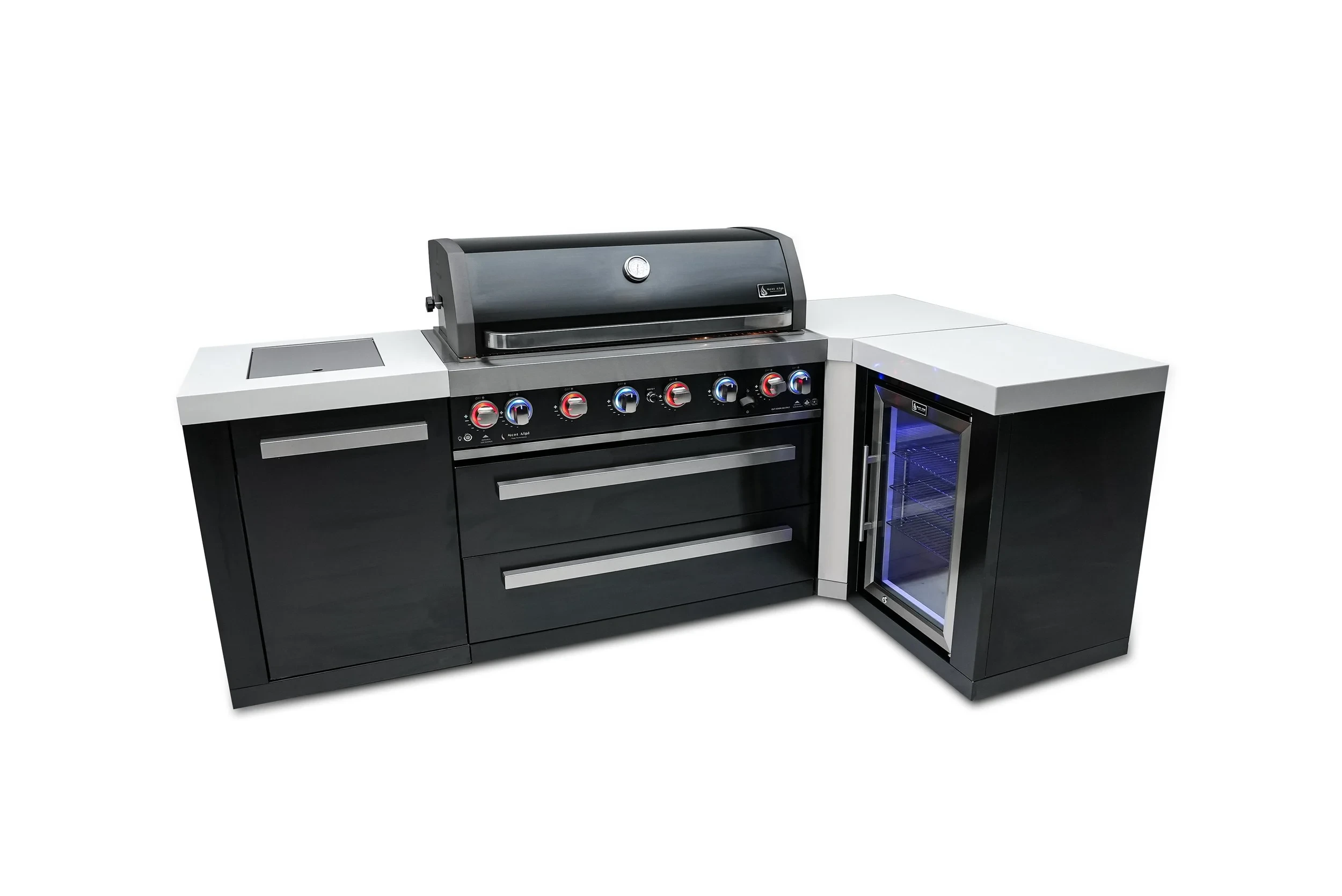 805 Black Stainless Steel Island With A 90-degree Corner And A Fridge Cabinet MAI805BSS90FC