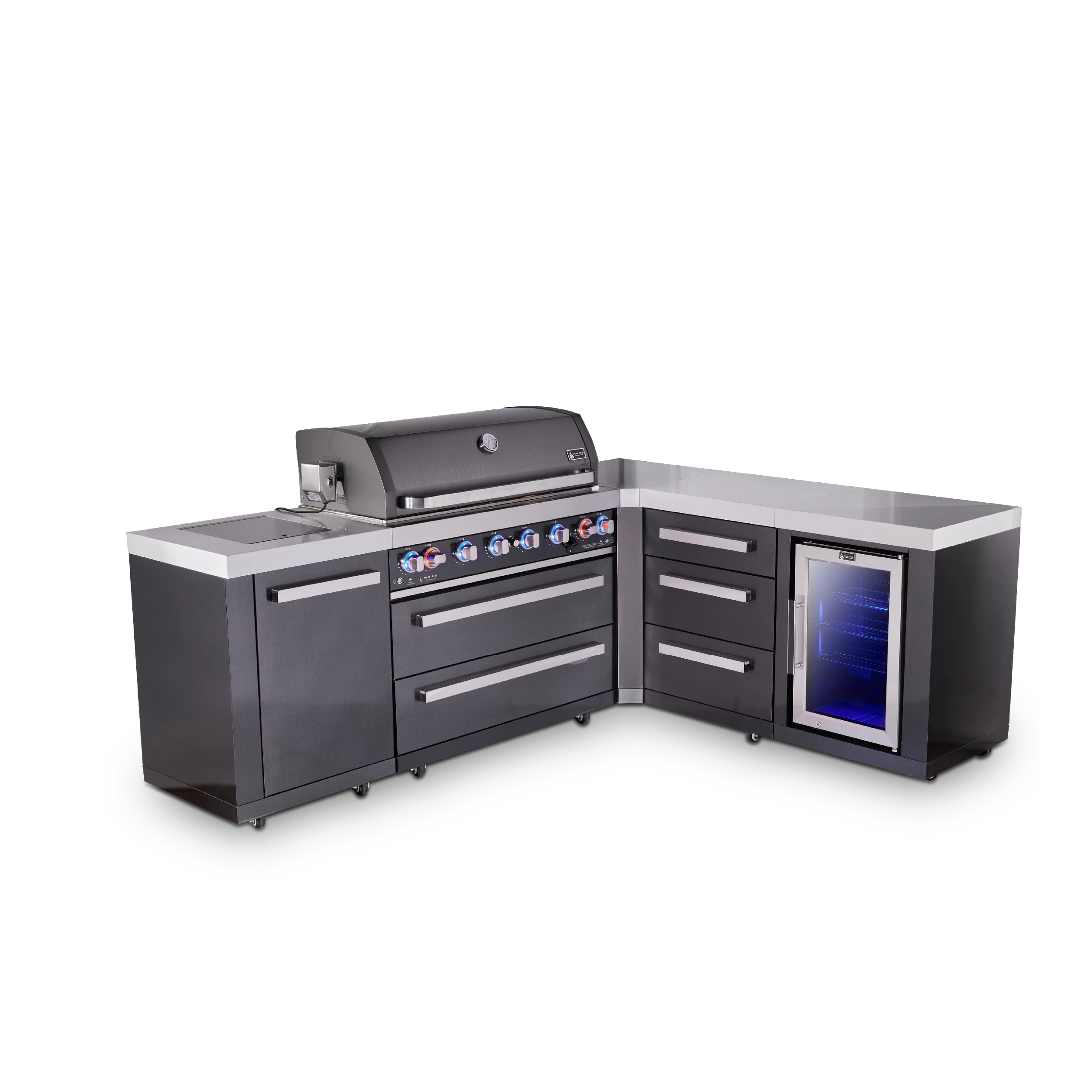 6-burner L-shaped Black Series Outdoor Kitchen Island With Corner Fridge & Extra Drawer Slides Cabinet MAI805BSS90FCDR
