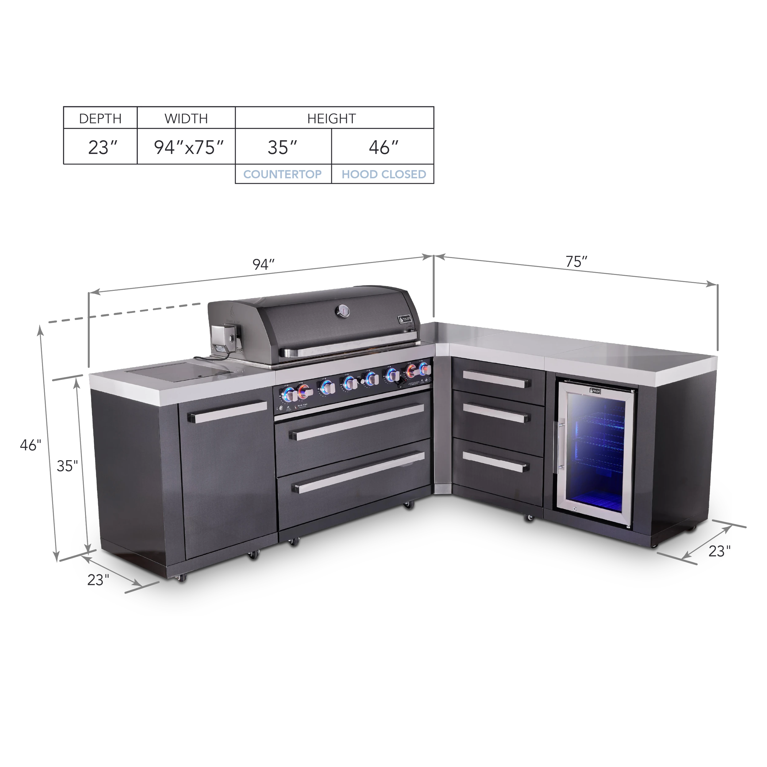 6-burner L-shaped Black Series Outdoor Kitchen Island With Corner Fridge & Extra Drawer Slides Cabinet MAI805BSS90FCDR