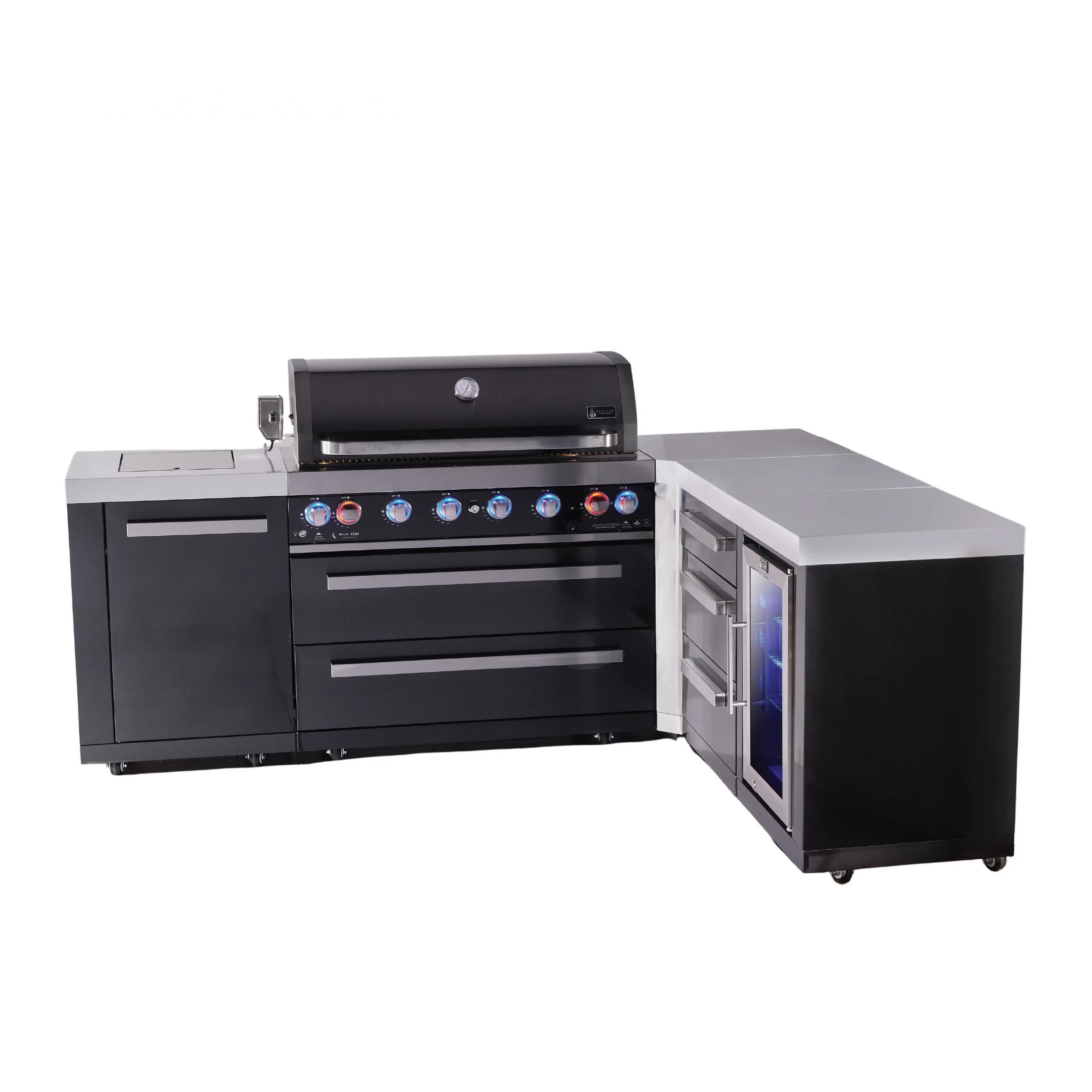 6-burner L-shaped Black Series Outdoor Kitchen Island With Corner Fridge & Extra Drawer Slides Cabinet MAI805BSS90FCDR