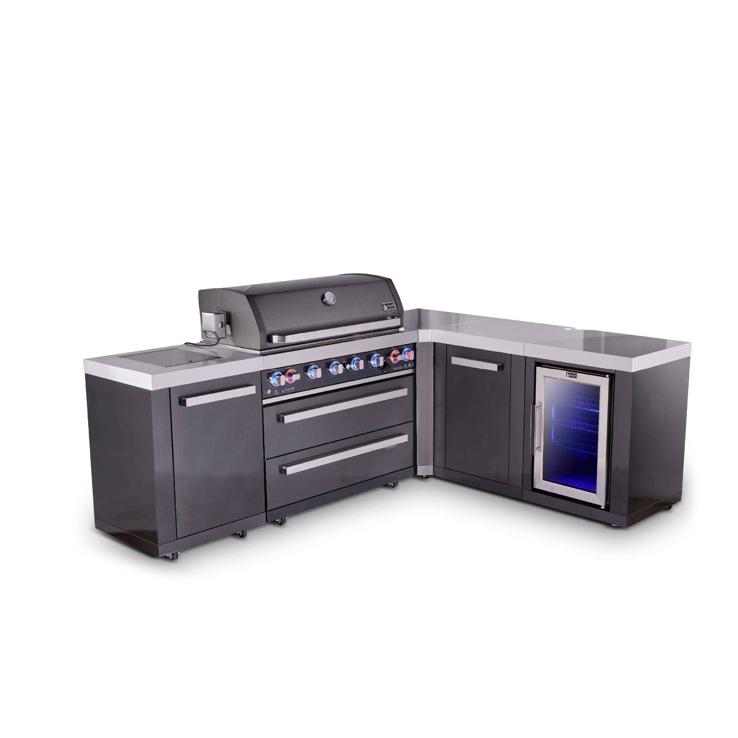 6-burner L-shaped Black Series Outdoor Kitchen Island With Extra Storage Cabinet And Corner Fridge Module MAI805BSS90FCXL