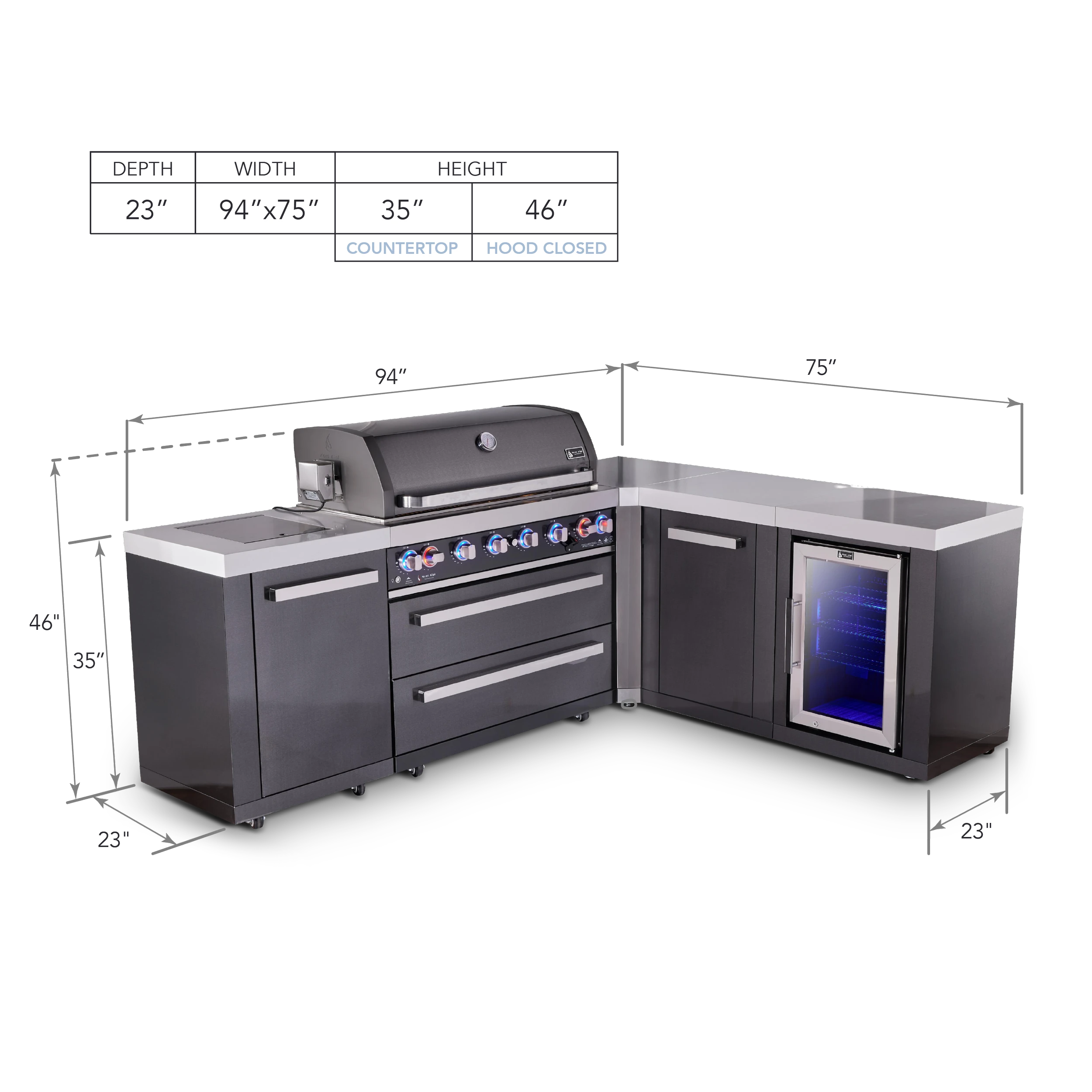 6-burner L-shaped Black Series Outdoor Kitchen Island With Extra Storage Cabinet And Corner Fridge Module MAI805BSS90FCXL