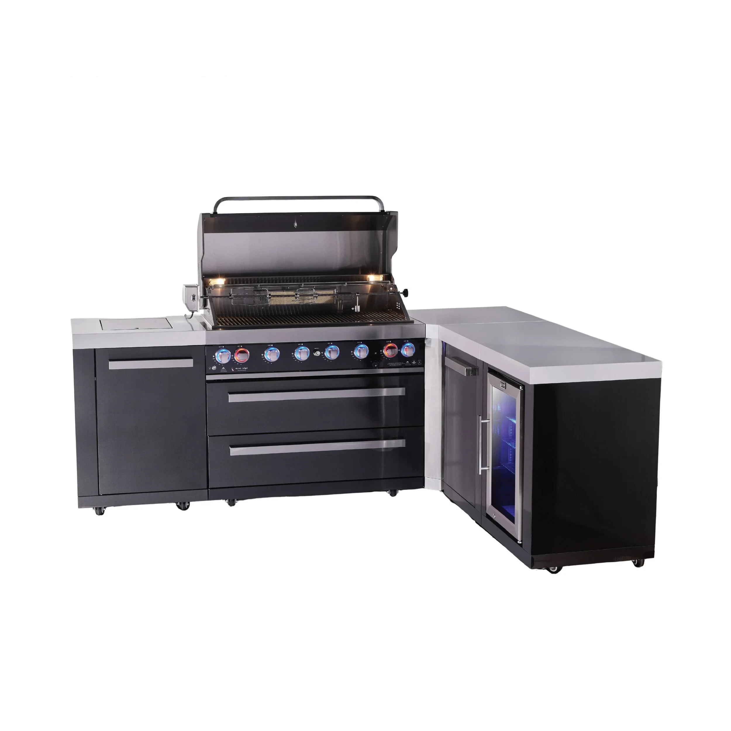 6-burner L-shaped Black Series Outdoor Kitchen Island With Extra Storage Cabinet And Corner Fridge Module MAI805BSS90FCXL