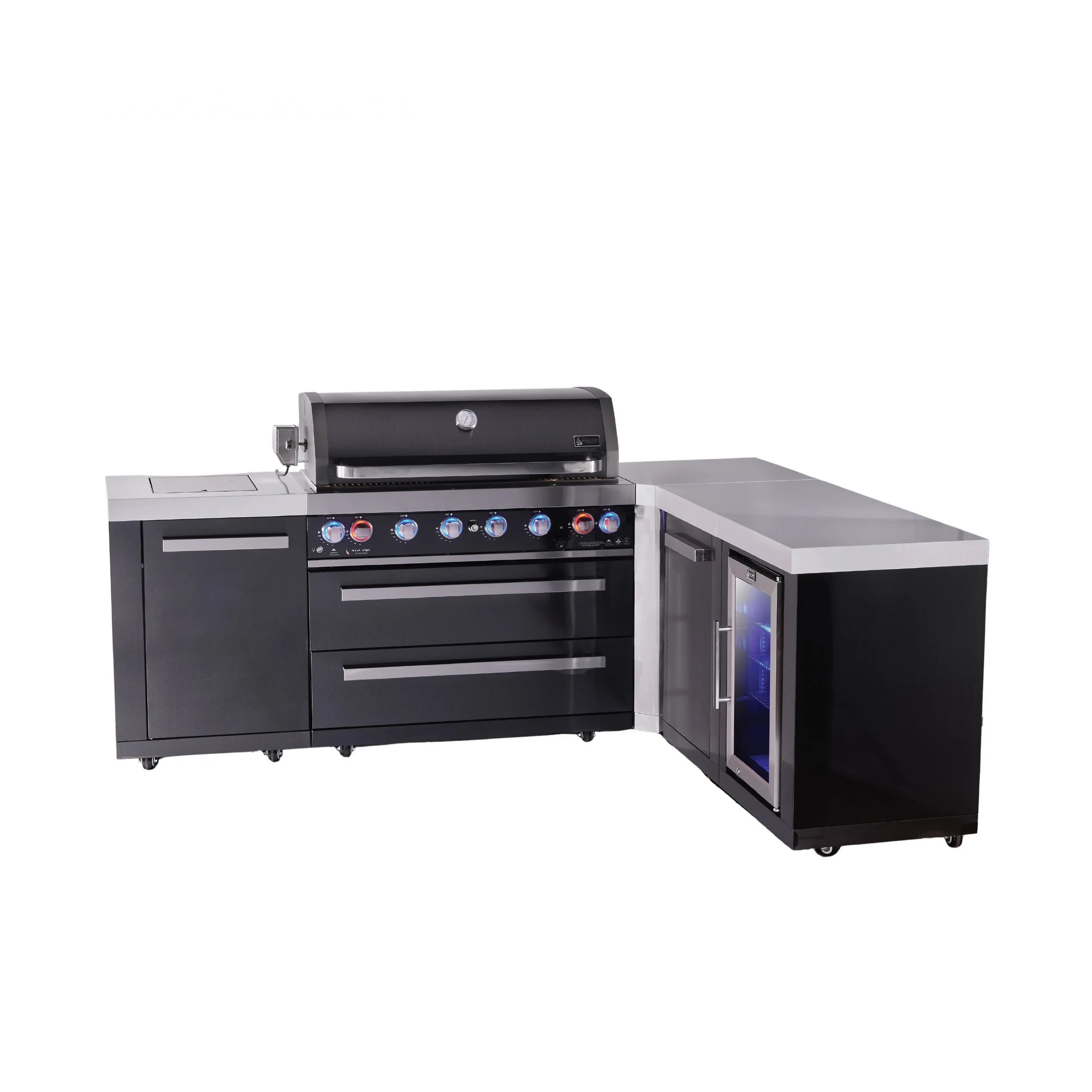 6-burner L-shaped Black Series Outdoor Kitchen Island With Extra Storage Cabinet And Corner Fridge Module MAI805BSS90FCXL