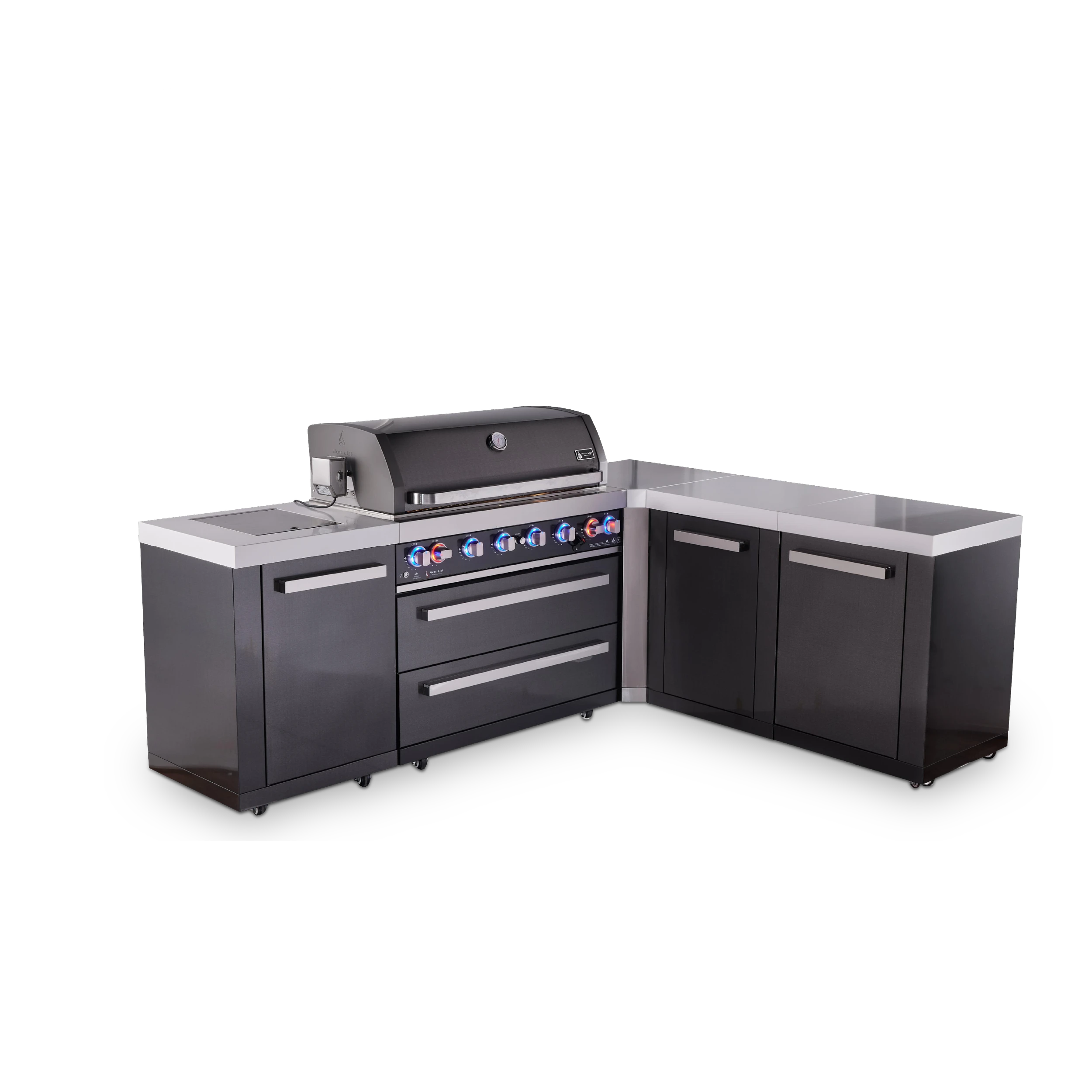 6-burner L-shaped Black Series Outdoor Kitchen Island With Extra Storage Cabinet MAI805BSS90XL