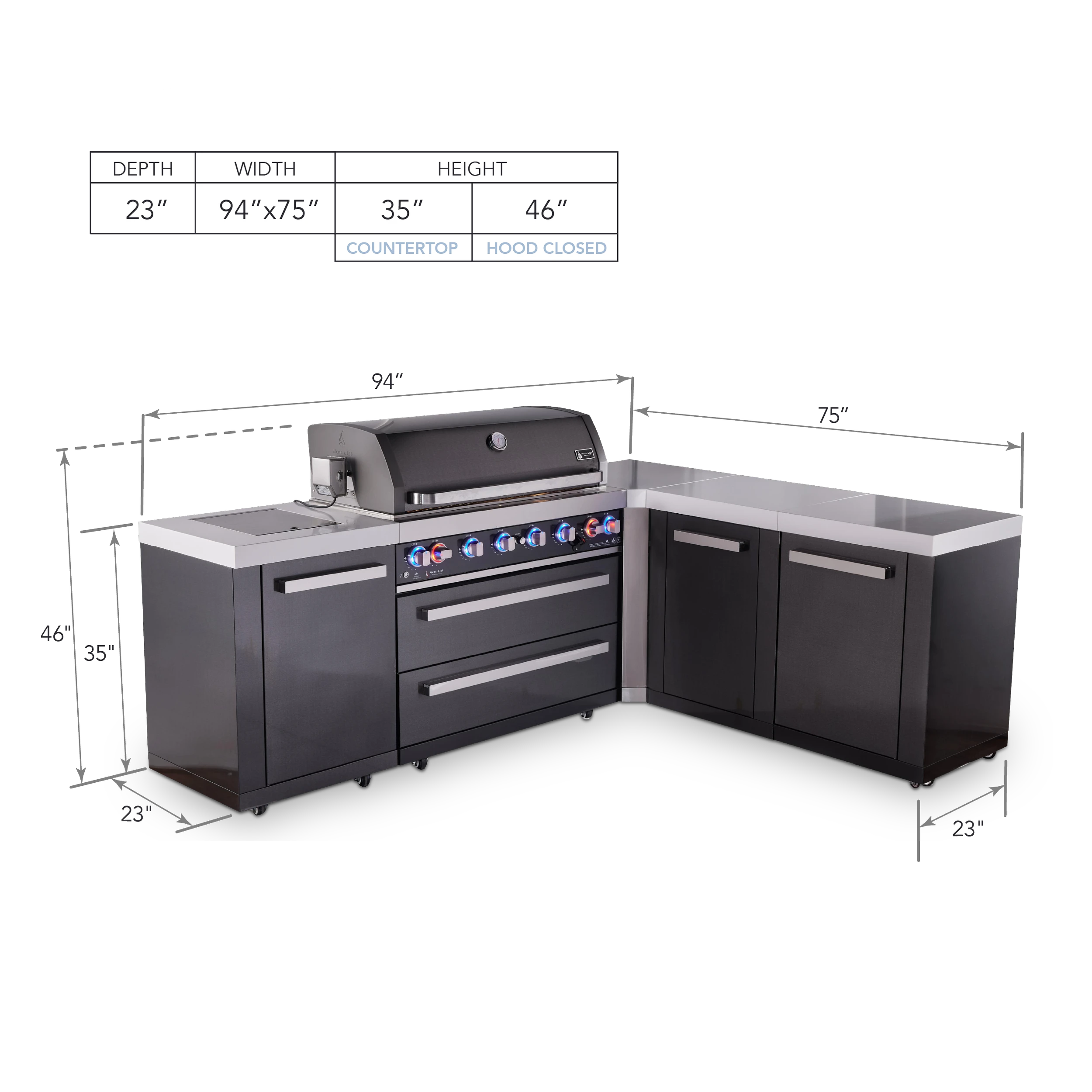 6-burner L-shaped Black Series Outdoor Kitchen Island With Extra Storage Cabinet MAI805BSS90XL