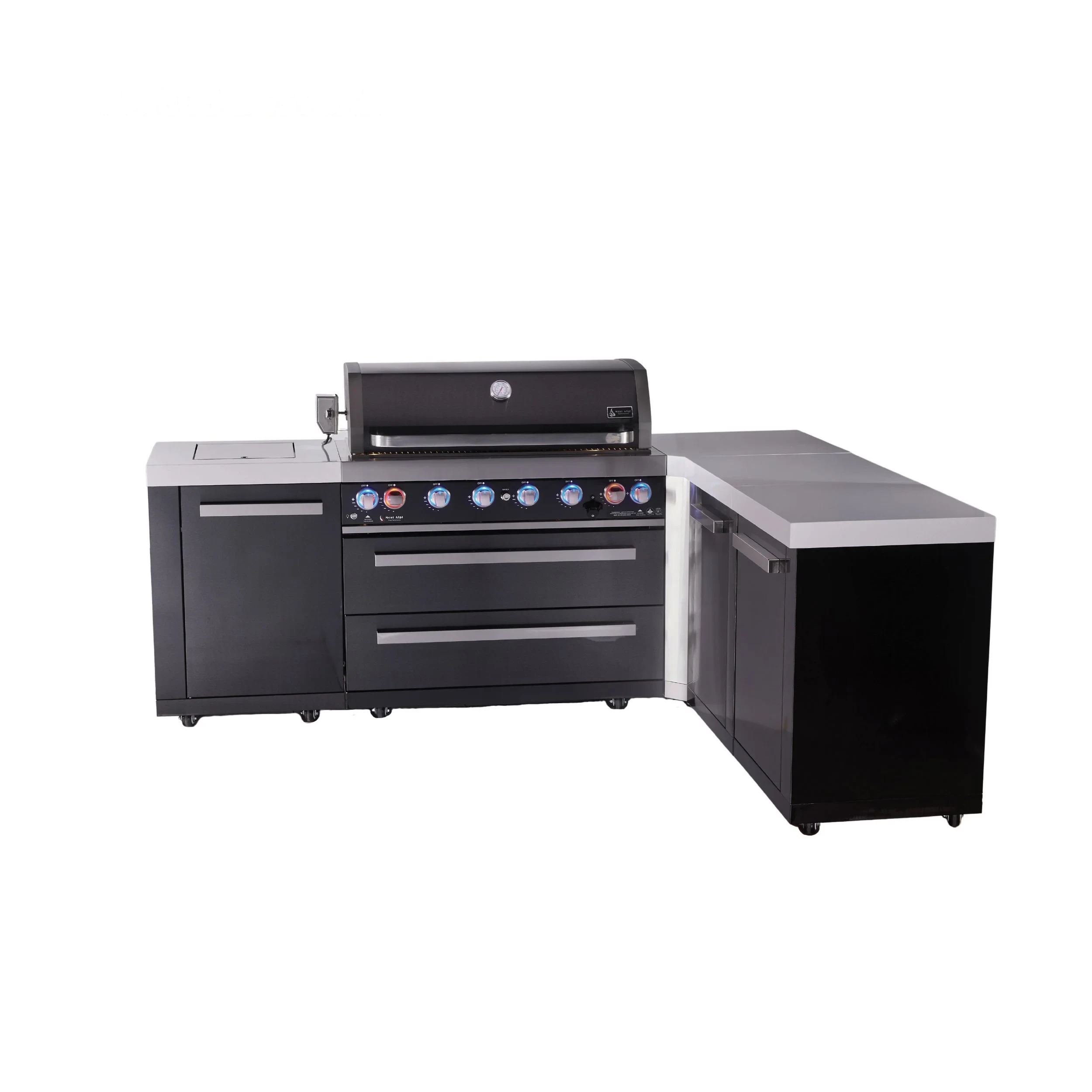 6-burner L-shaped Black Series Outdoor Kitchen Island With Extra Storage Cabinet MAI805BSS90XL