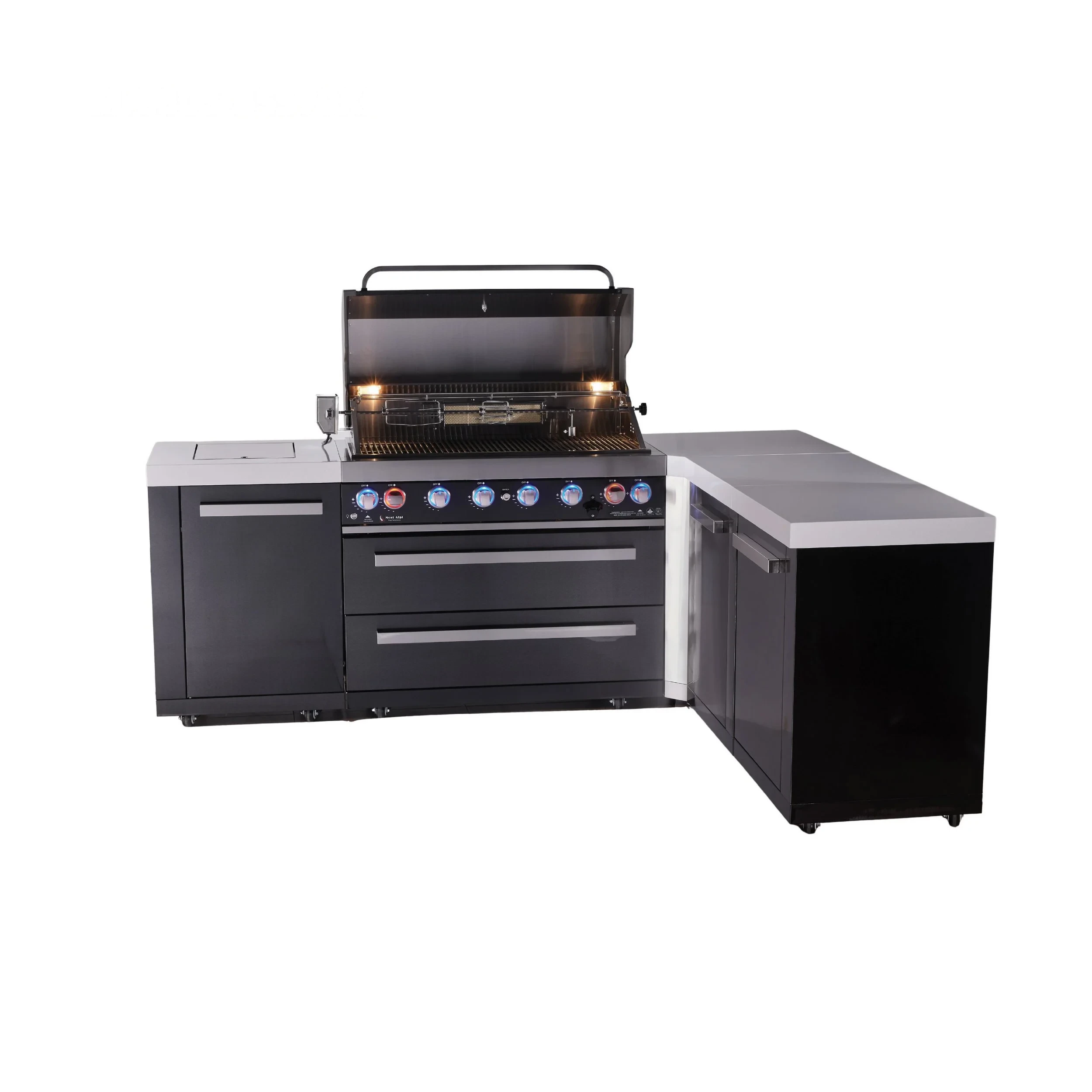 6-burner L-shaped Black Series Outdoor Kitchen Island With Extra Storage Cabinet MAI805BSS90XL