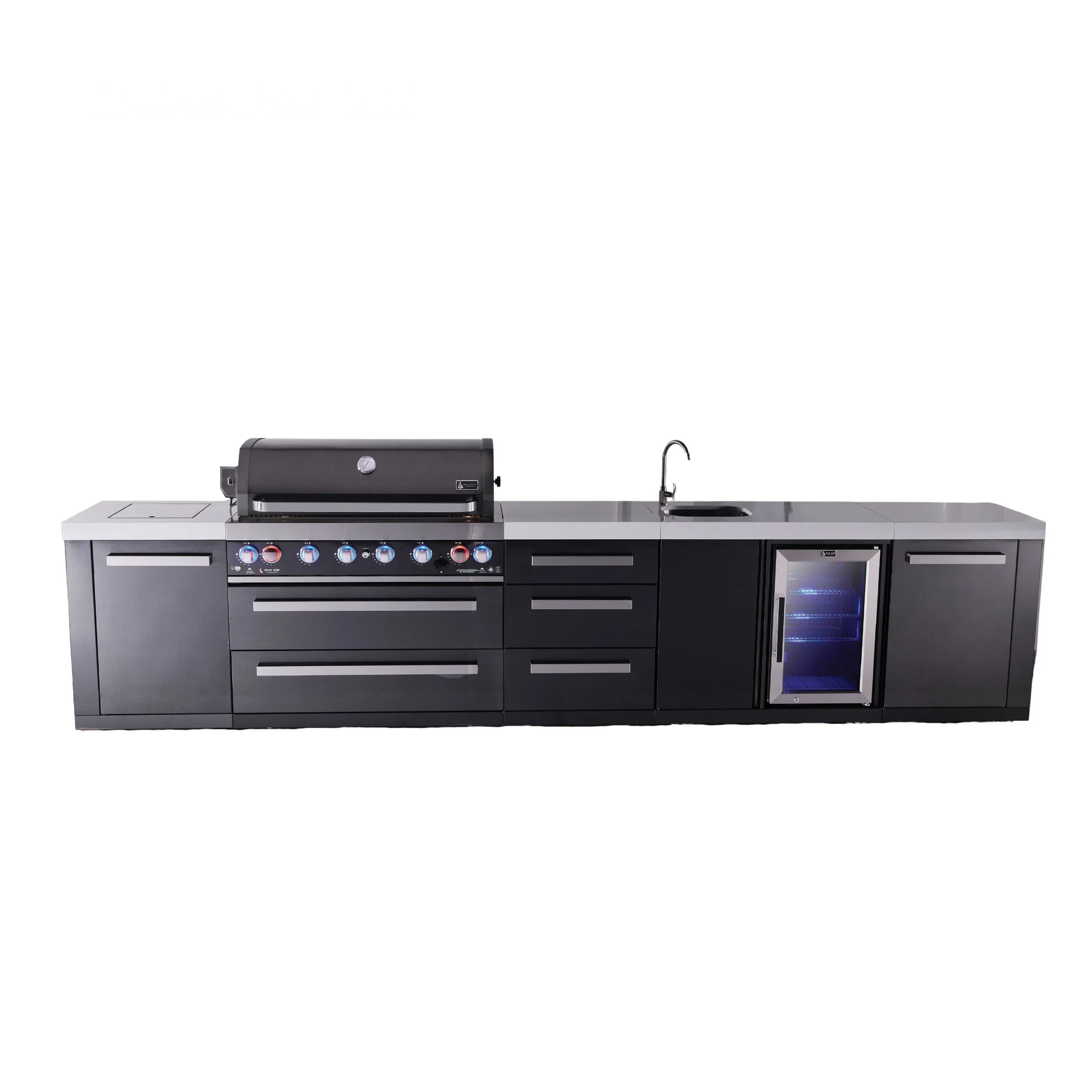 6-burner Black Series Outdoor Kitchen Island With Beverage Center & Extra Drawer Slides Cabinet MAI805BSSBEVDR