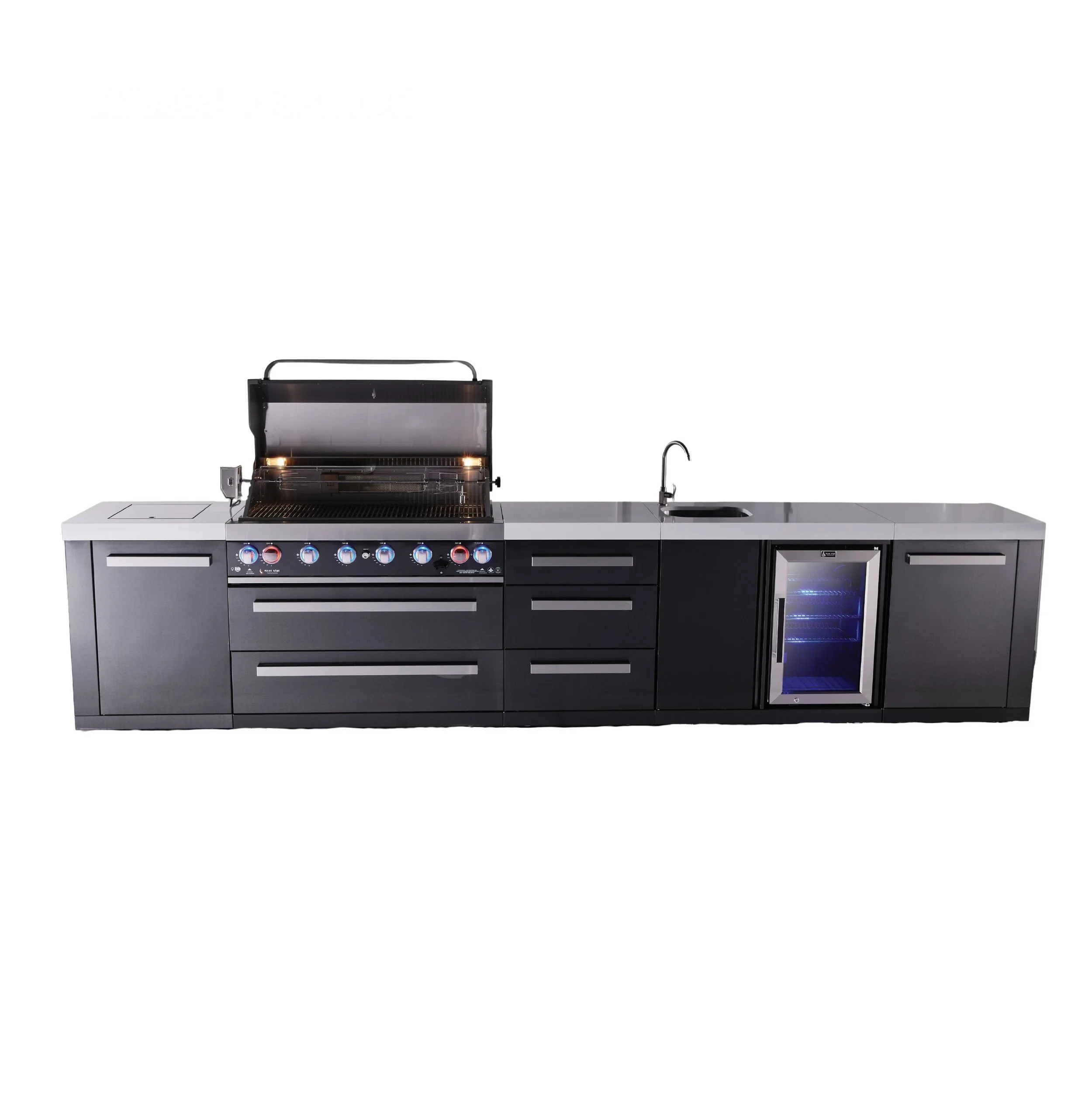 6-burner Black Series Outdoor Kitchen Island With Beverage Center & Extra Drawer Slides Cabinet MAI805BSSBEVDR