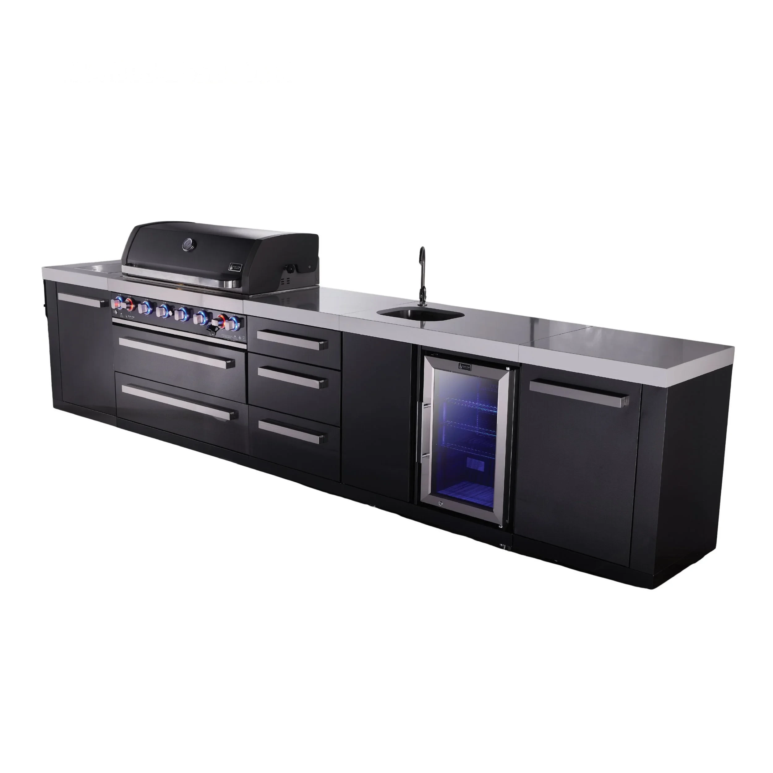 6-burner Black Series Outdoor Kitchen Island With Beverage Center & Extra Drawer Slides Cabinet MAI805BSSBEVDR