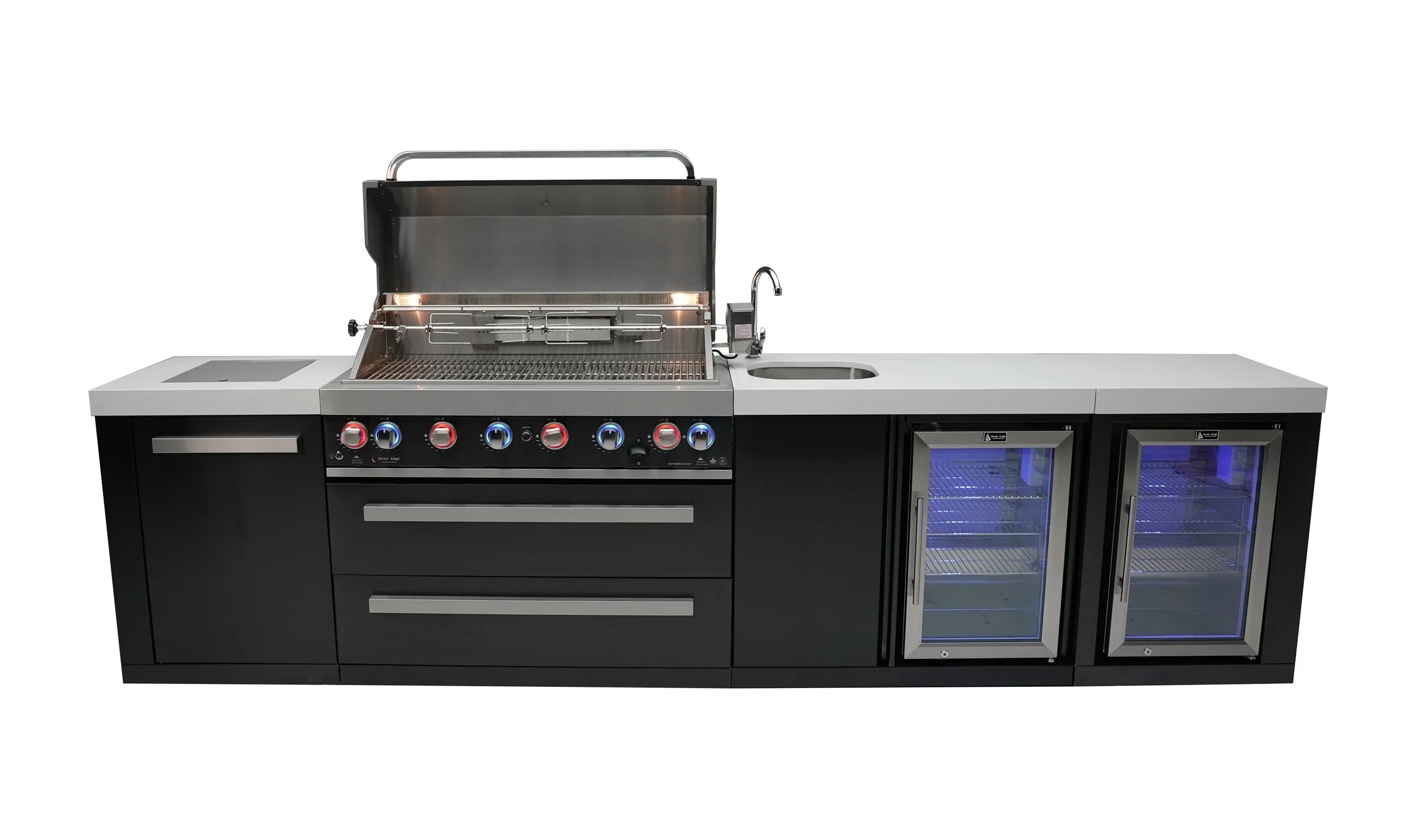 805 Black Stainless Steel Island With A Beverage Center And Fridge Cabinet MAI805BSSBEVFC