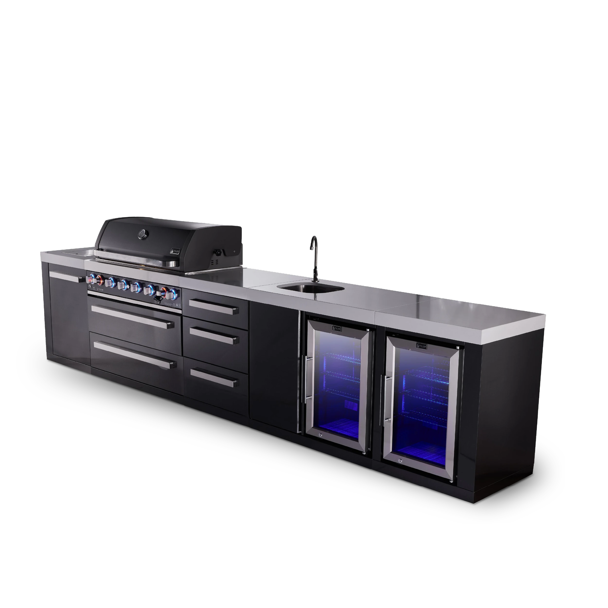 6-burner Black Series Outdoor Kitchen Island With Beverage Center, Fridge And 3-drawer Cabinet MAI805BSSBEVFCDR