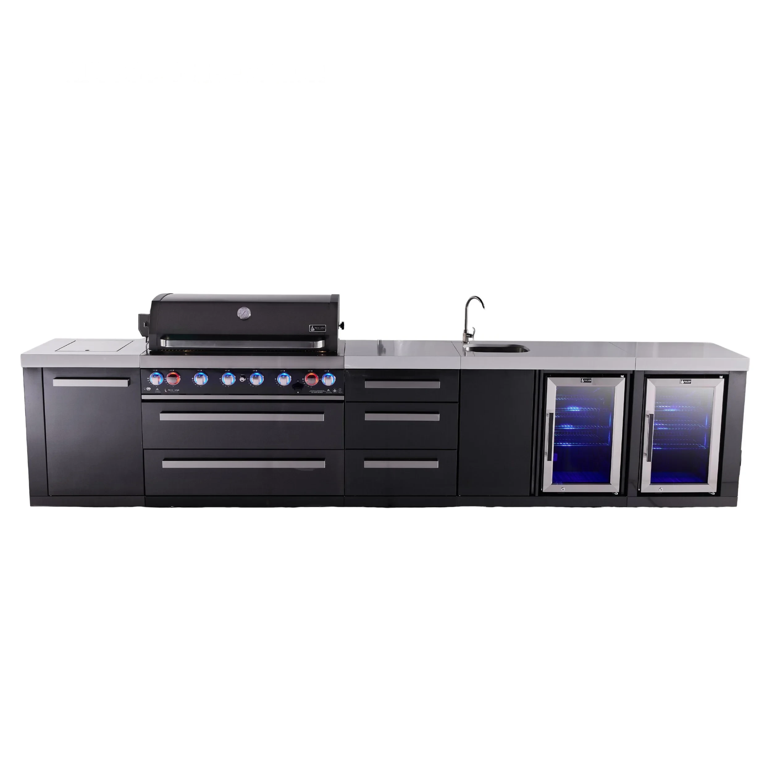 6-burner Black Series Outdoor Kitchen Island With Beverage Center, Fridge And 3-drawer Cabinet MAI805BSSBEVFCDR