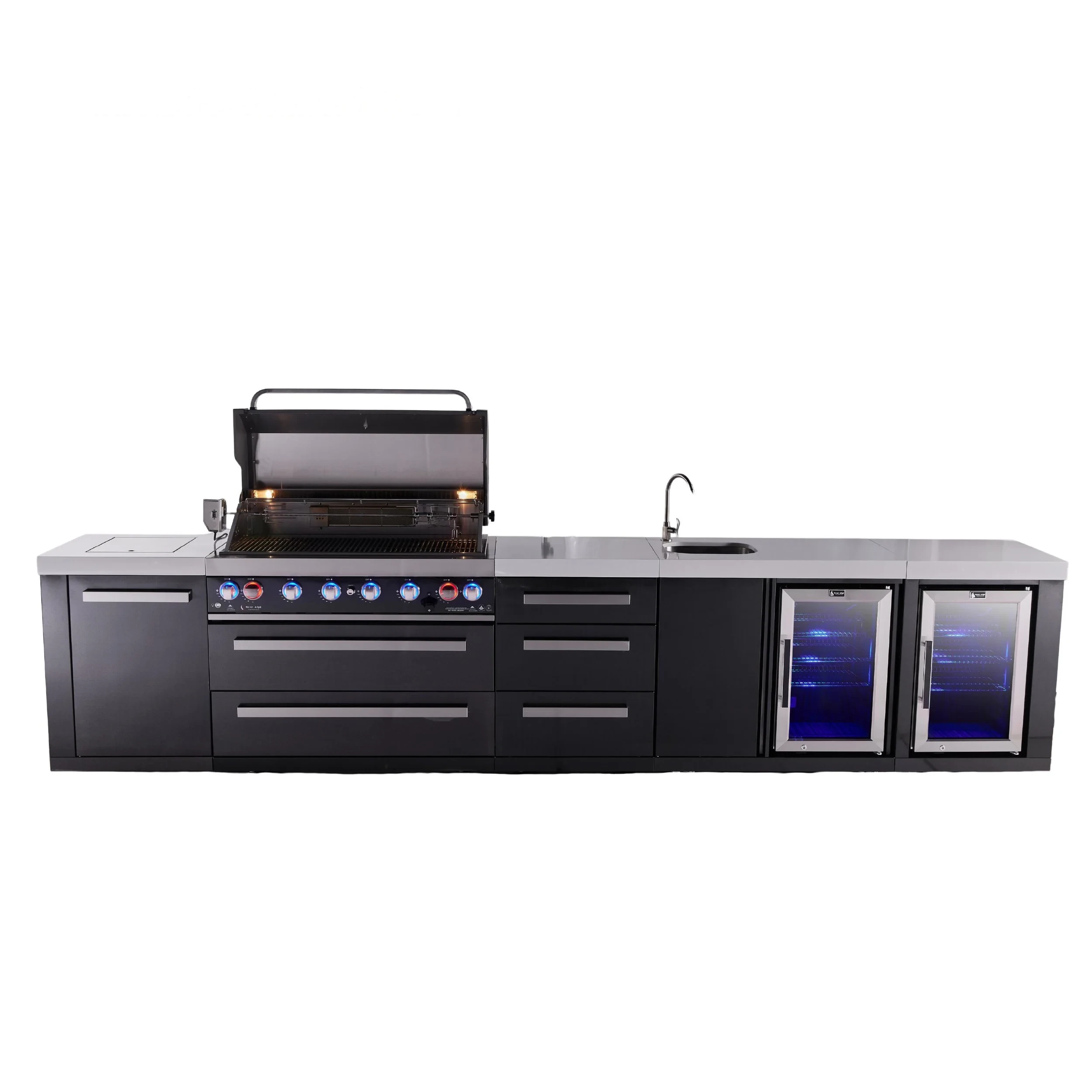 6-burner Black Series Outdoor Kitchen Island With Beverage Center, Fridge And 3-drawer Cabinet MAI805BSSBEVFCDR