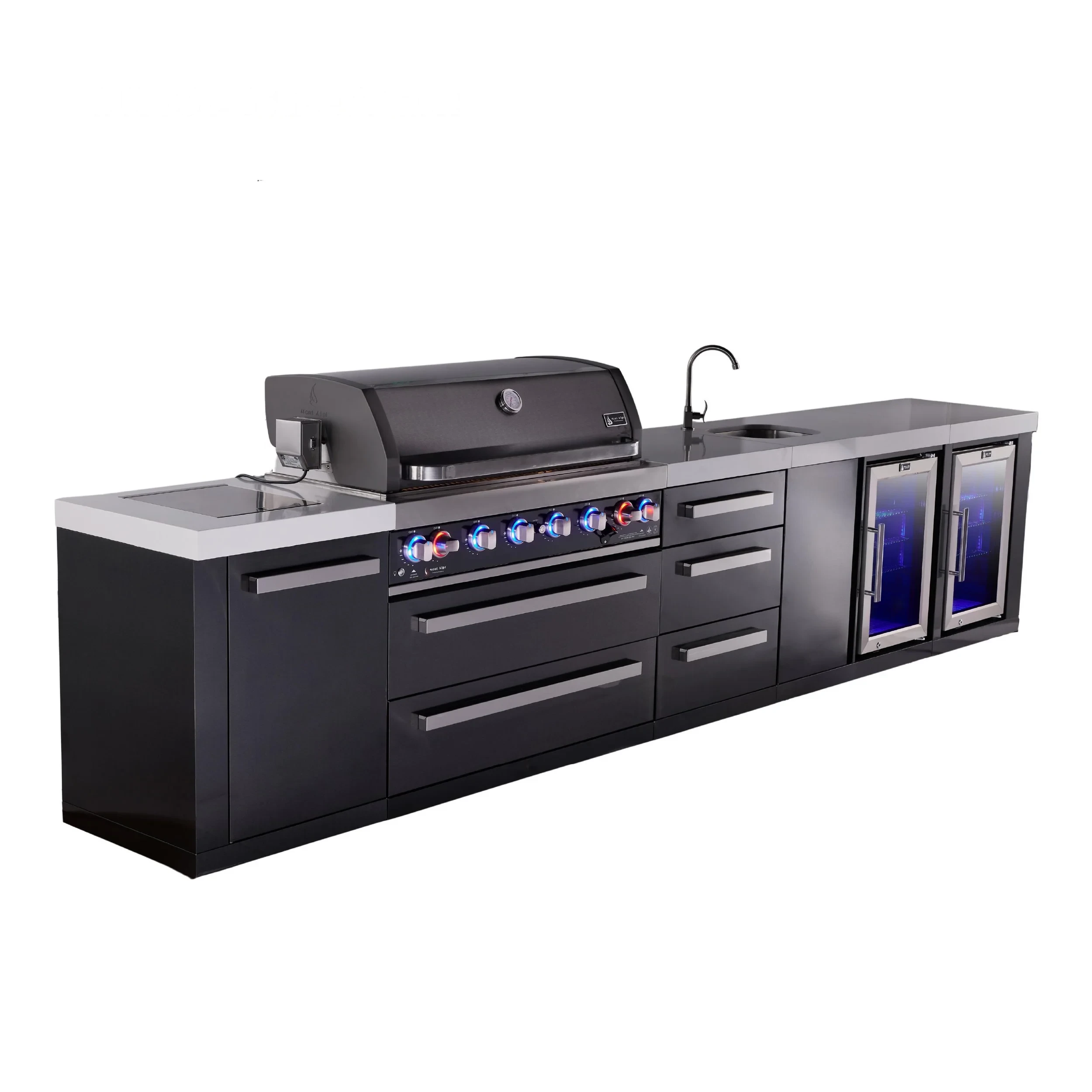 6-burner Black Series Outdoor Kitchen Island With Beverage Center, Fridge And 3-drawer Cabinet MAI805BSSBEVFCDR
