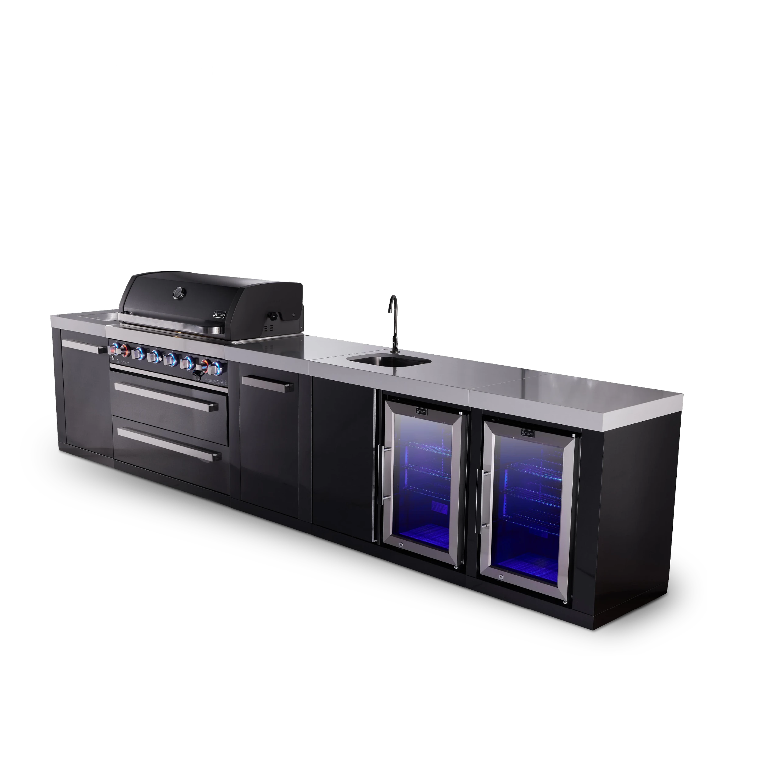 6-burner Black Series Outdoor Kitchen Island With Beverage Center, Corner Fridge Module & Extra Storage Cabinet MAI805BSSBEVFCXL
