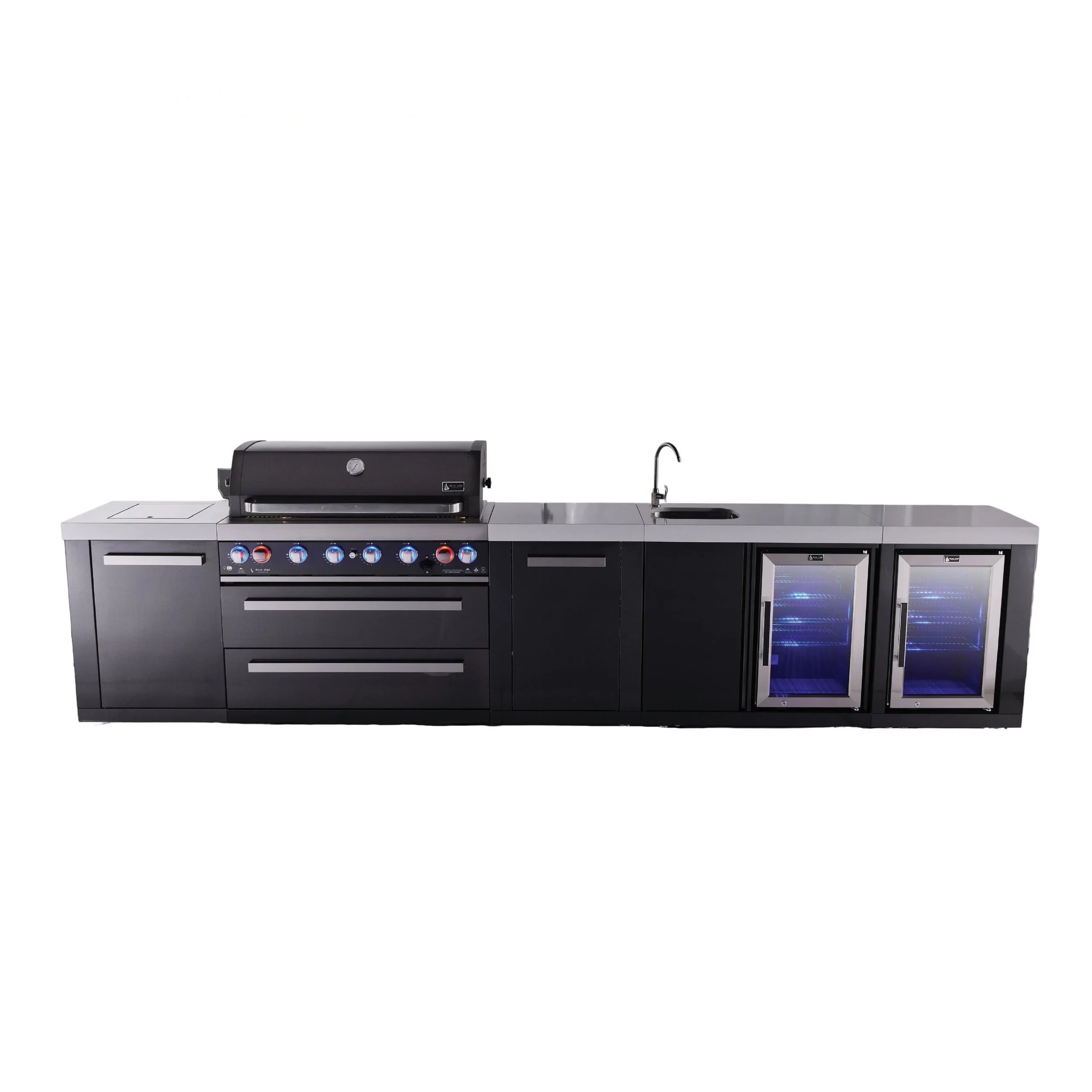6-burner Black Series Outdoor Kitchen Island With Beverage Center, Corner Fridge Module & Extra Storage Cabinet MAI805BSSBEVFCXL