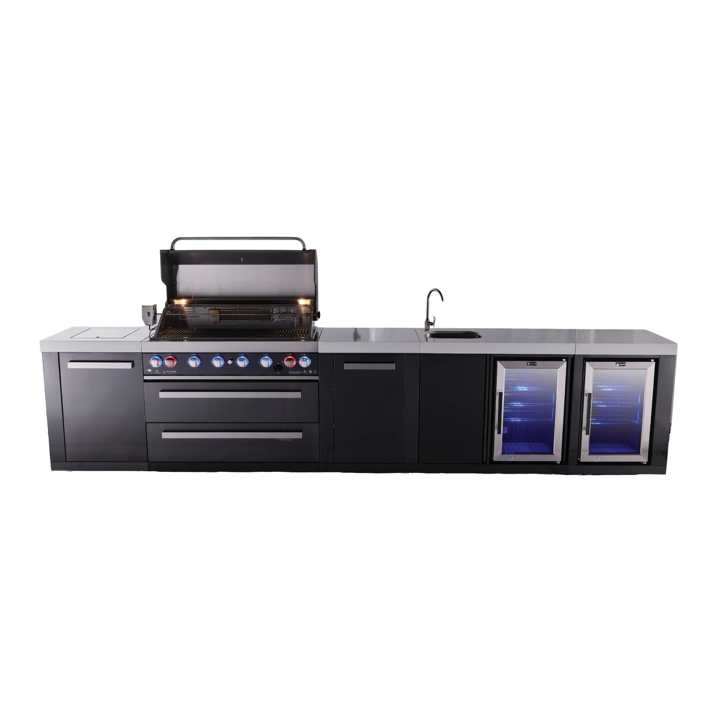 6-burner Black Series Outdoor Kitchen Island With Beverage Center, Corner Fridge Module & Extra Storage Cabinet MAI805BSSBEVFCXL