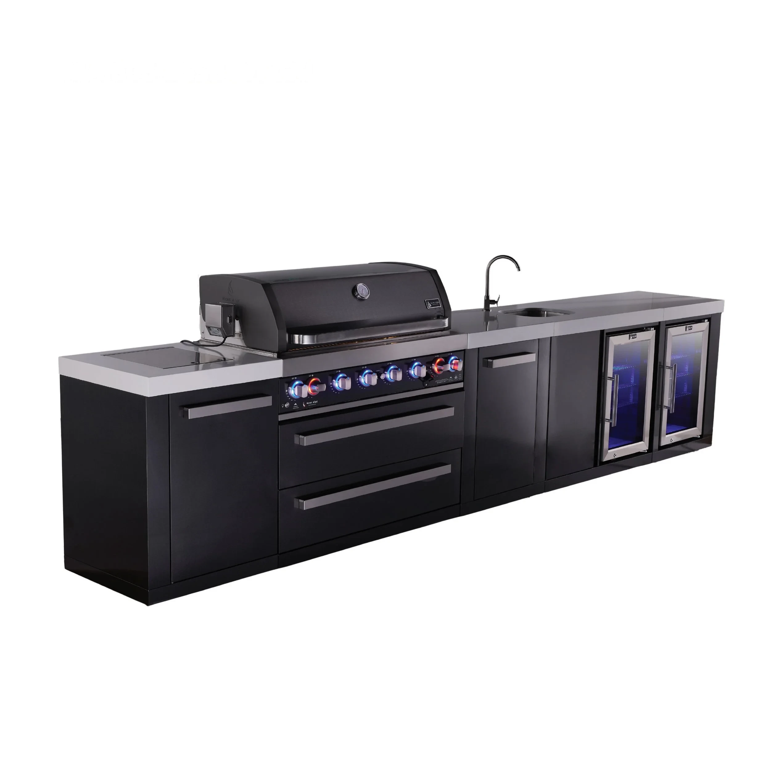 6-burner Black Series Outdoor Kitchen Island With Beverage Center, Corner Fridge Module & Extra Storage Cabinet MAI805BSSBEVFCXL