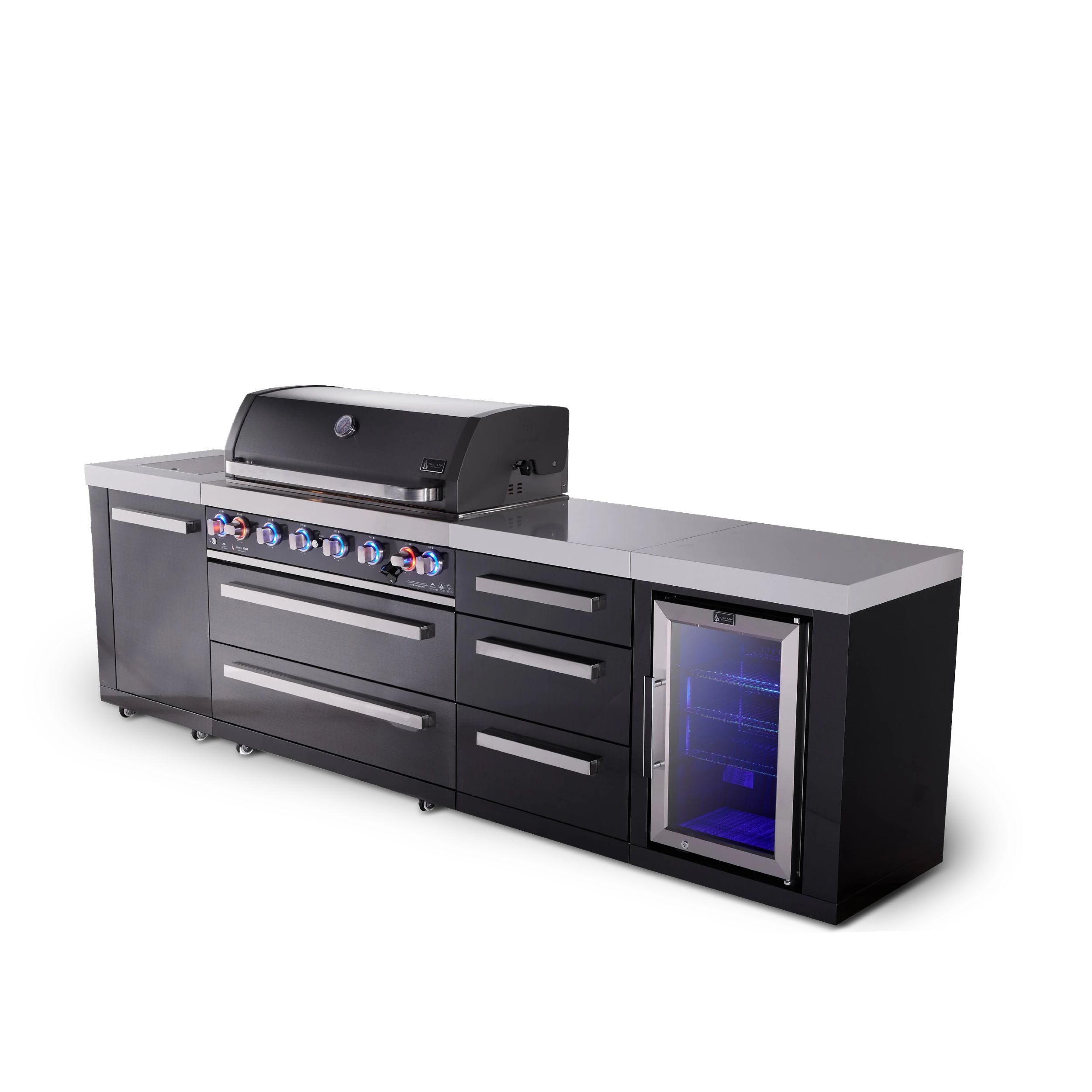 6-burner Black Series Outdoor Kitchen Island With Extra Storage Cabinet And Corner Fridge Module MAI805BSSFCDR