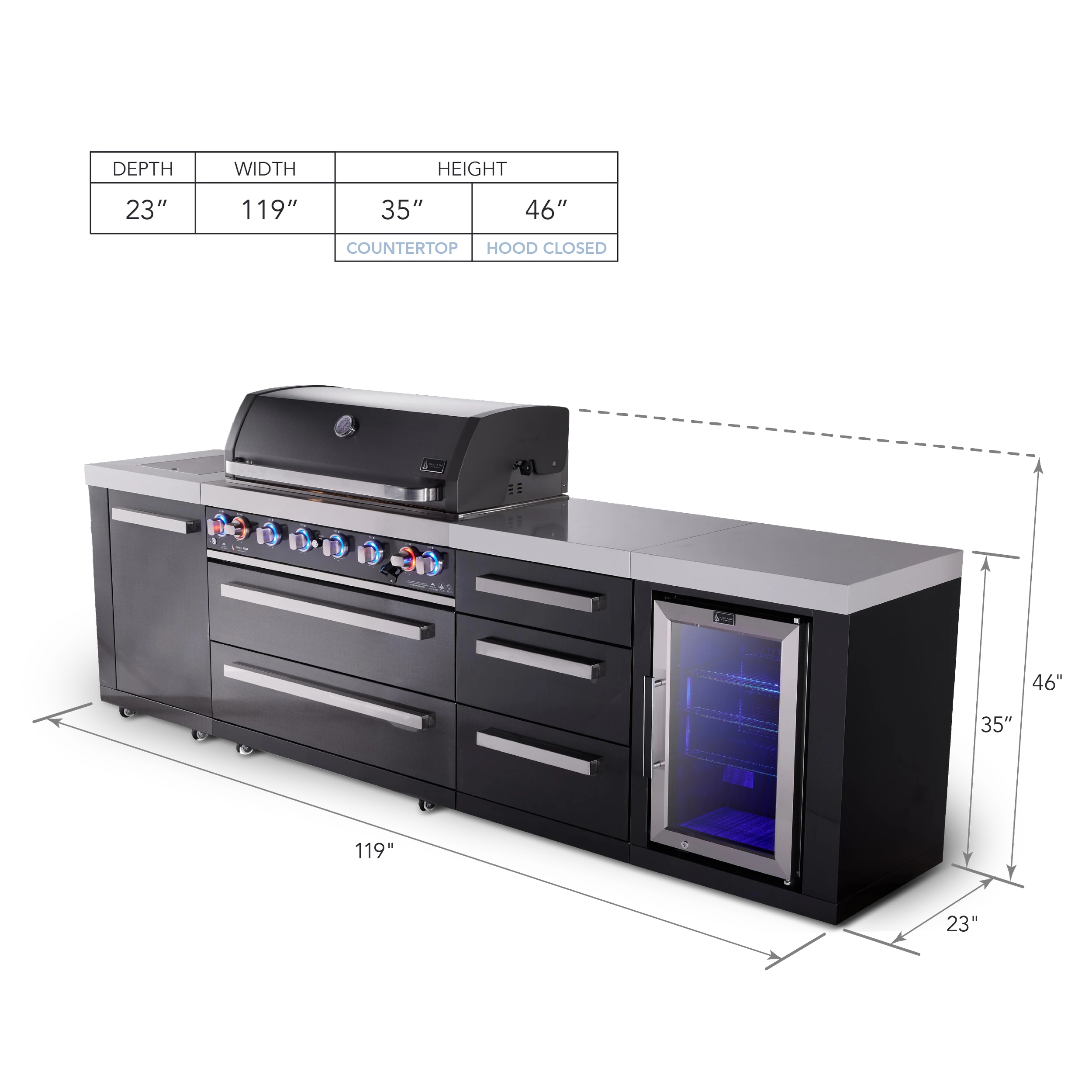 6-burner Black Series Outdoor Kitchen Island With Extra Storage Cabinet And Corner Fridge Module MAI805BSSFCDR