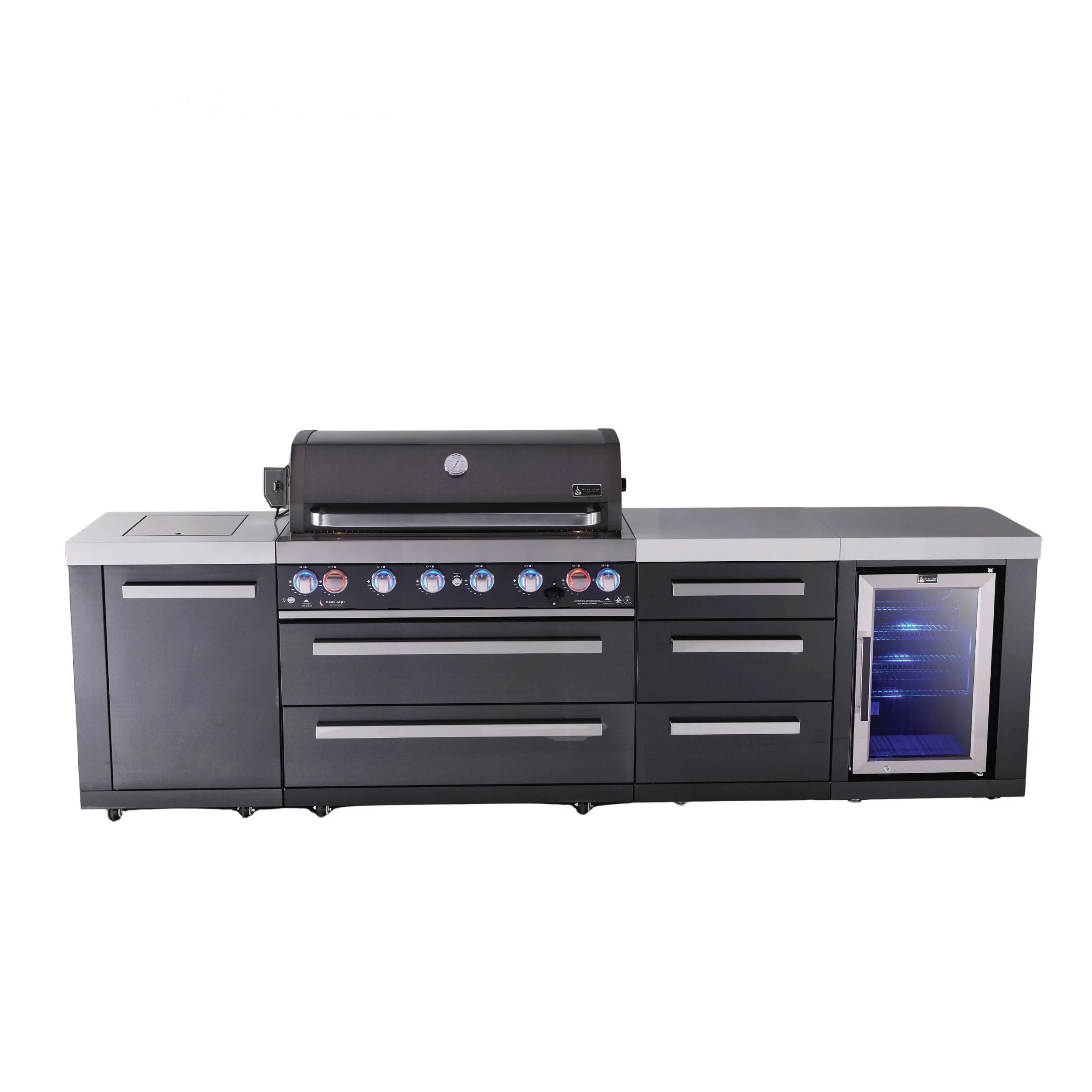 6-burner Black Series Outdoor Kitchen Island With Extra Storage Cabinet And Corner Fridge Module MAI805BSSFCDR