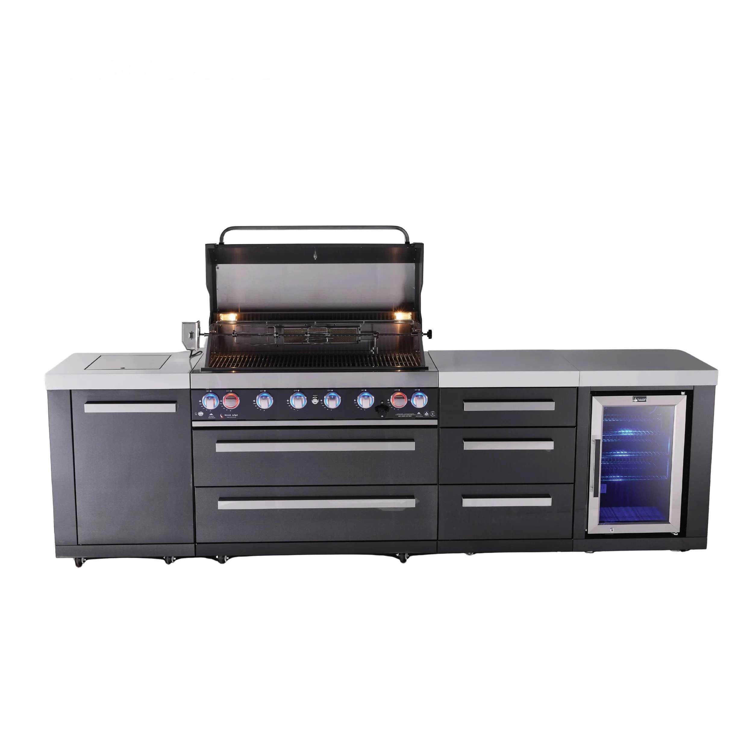 6-burner Black Series Outdoor Kitchen Island With Extra Storage Cabinet And Corner Fridge Module MAI805BSSFCDR