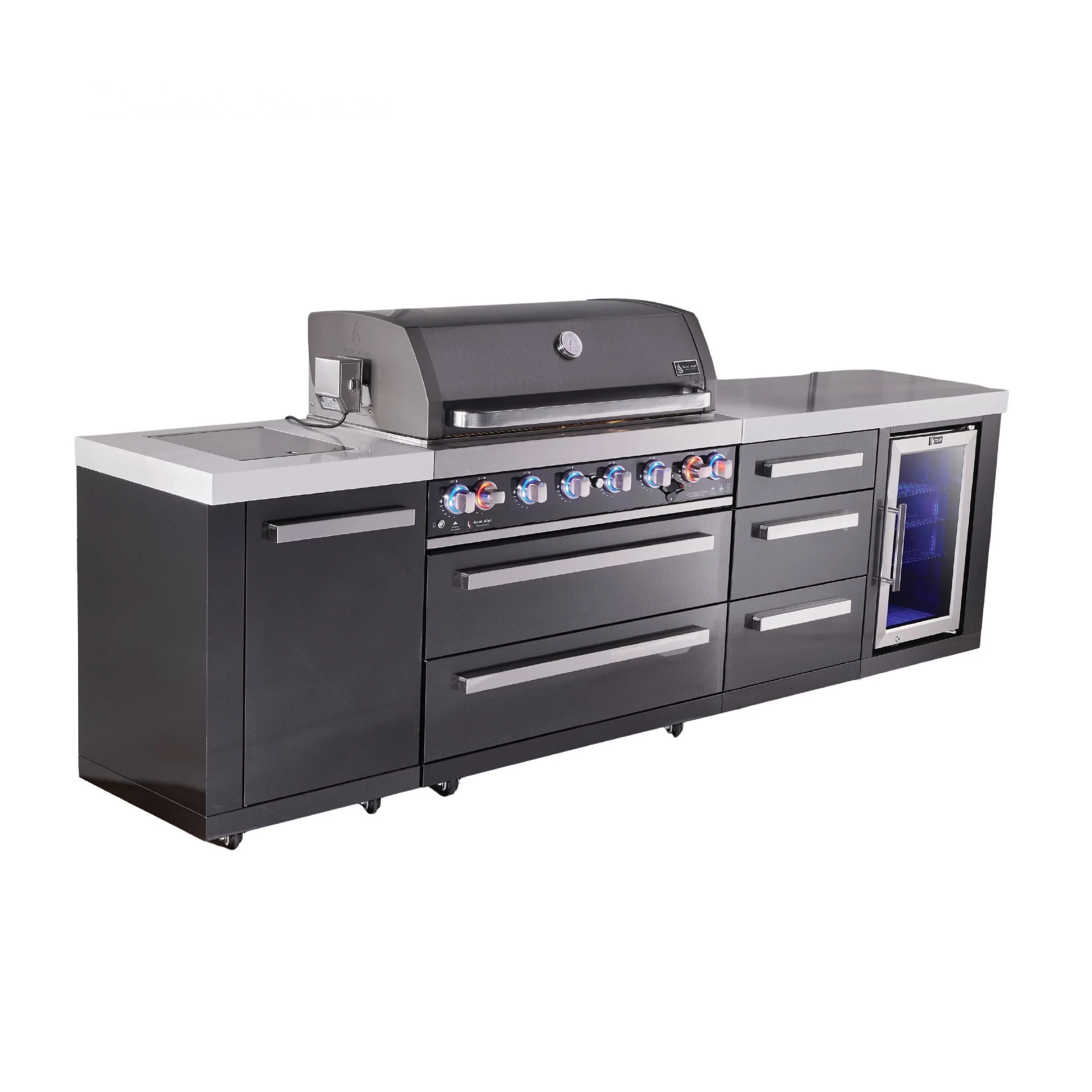 6-burner Black Series Outdoor Kitchen Island With Extra Storage Cabinet And Corner Fridge Module MAI805BSSFCDR