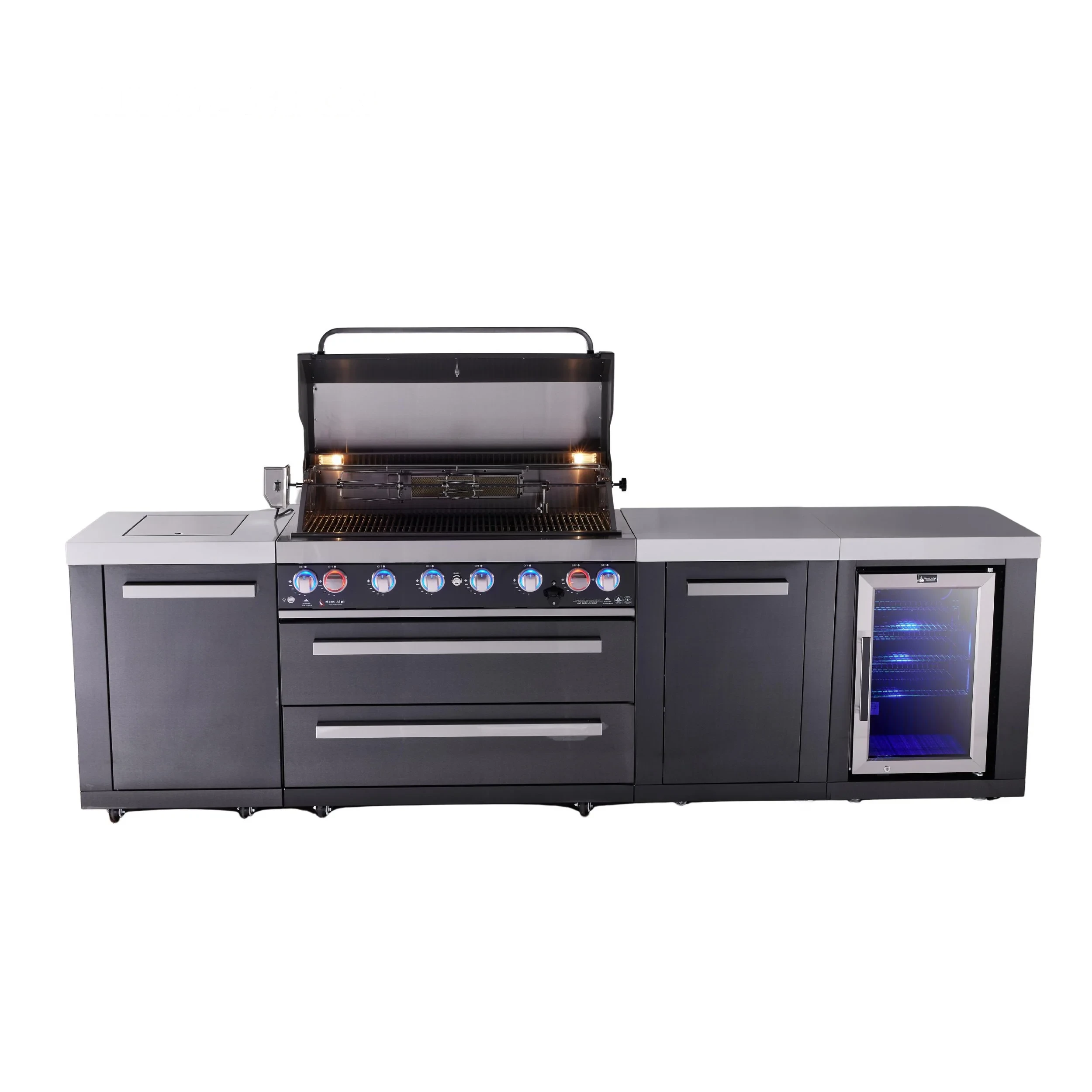 6-burner Black Series Outdoor Kitchen Island With Fridge Module And Xl Extra Cabinet MAI805BSSFCXL