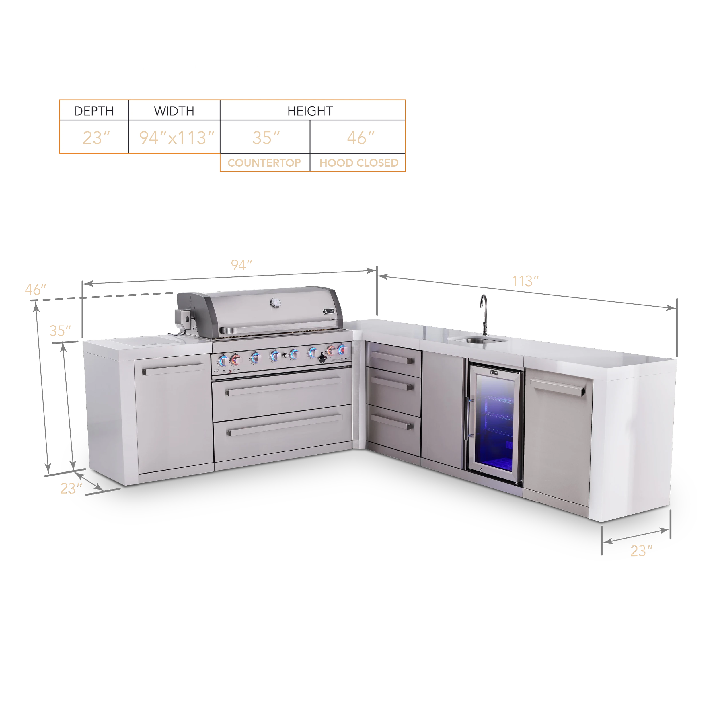 6-burner L-shaped Deluxe Series Outdoor Kitchen Island With Beverage Center And Extra Drawer Storage MAI805D90BEVDR