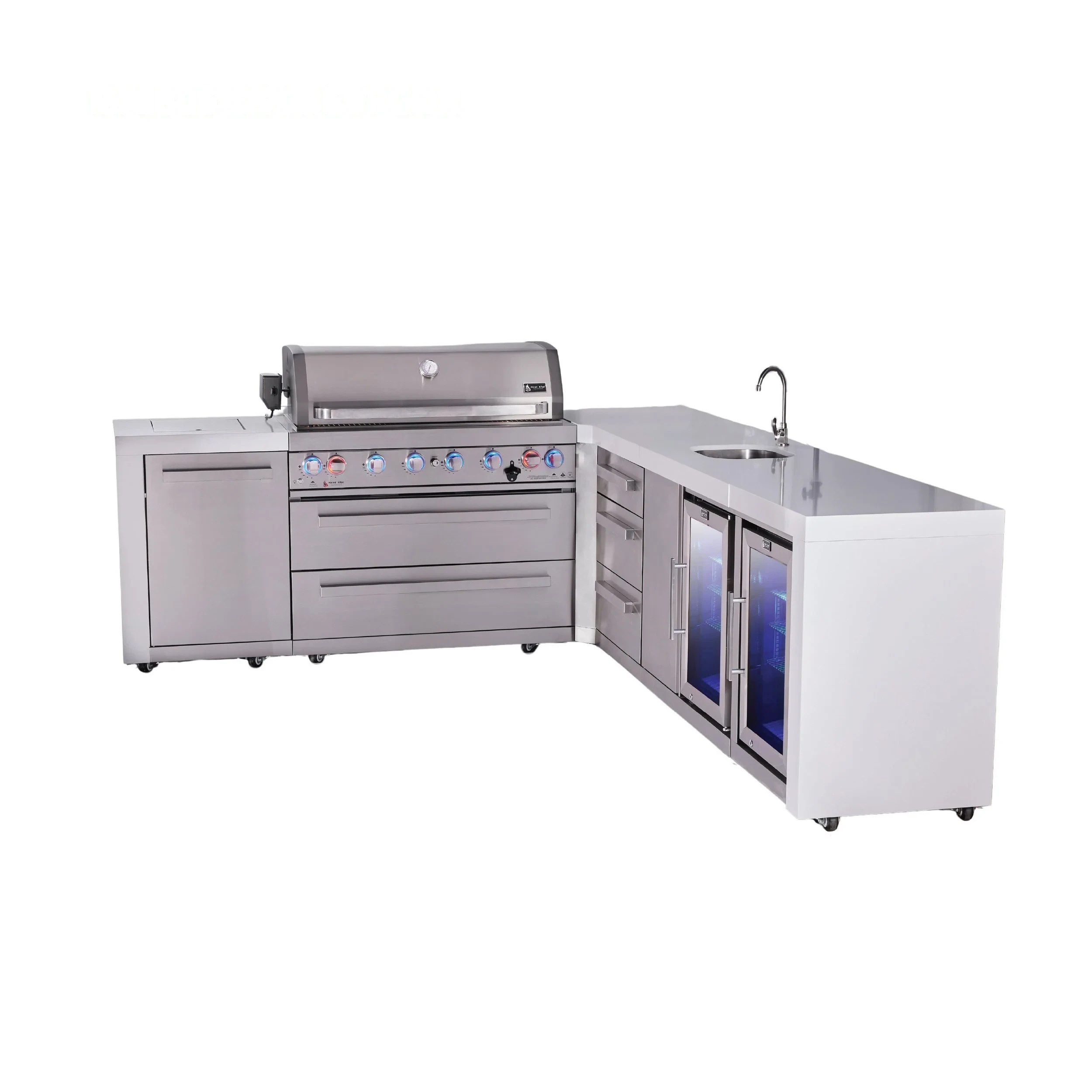 6-burner L-shaped Deluxe Series Outdoor Kitchen Island With Beverage Center, Corner Fridge & Extra Drawer Slides Cabinet MAI805D90BEVFCDR