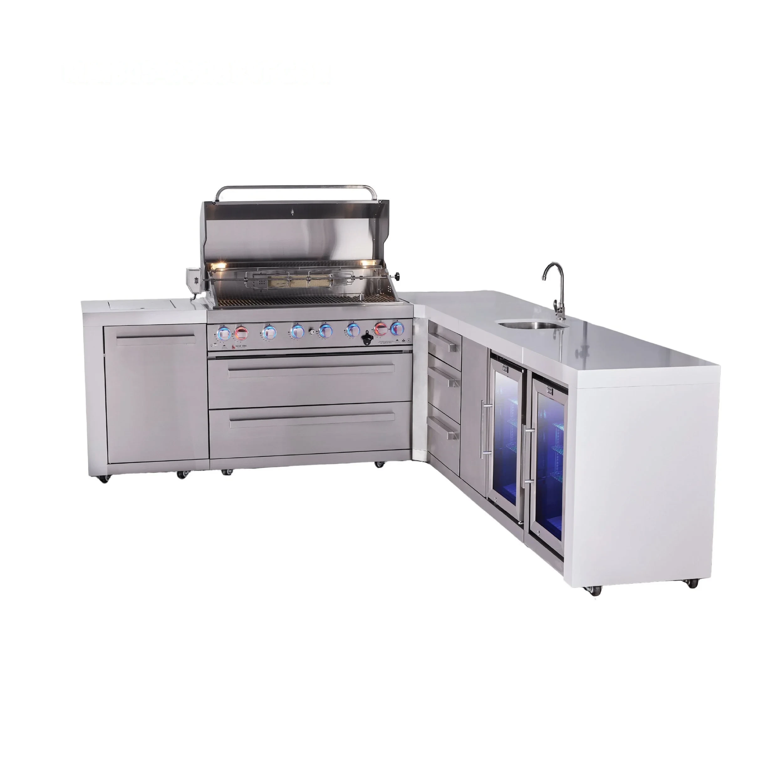6-burner L-shaped Deluxe Series Outdoor Kitchen Island With Beverage Center, Corner Fridge & Extra Drawer Slides Cabinet MAI805D90BEVFCDR