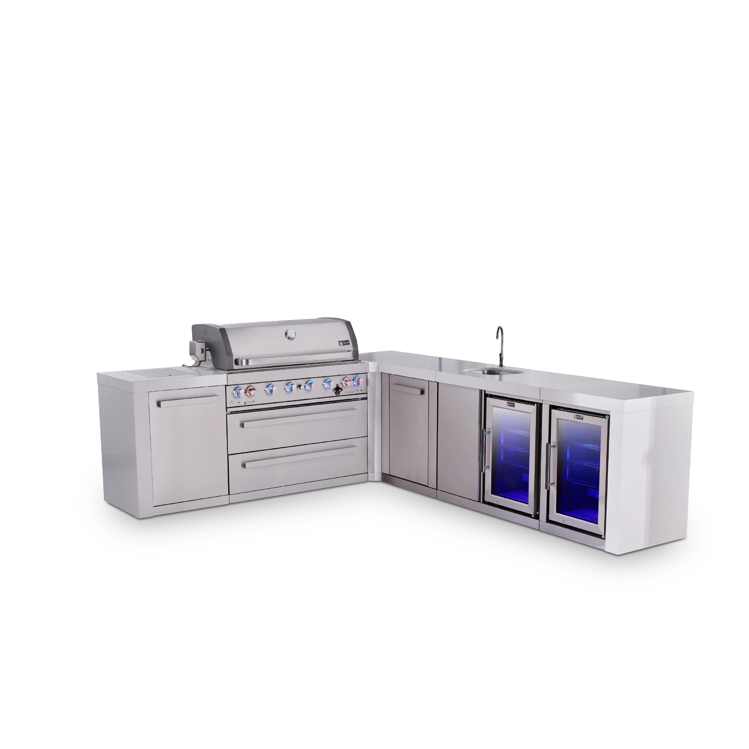 6-burner L-shaped Deluxe Series Outdoor Kitchen Island With 90-degree Beverage Center, Fridge Module And Xl Extra Storage Cabinet MAI805D90BEVFCXL