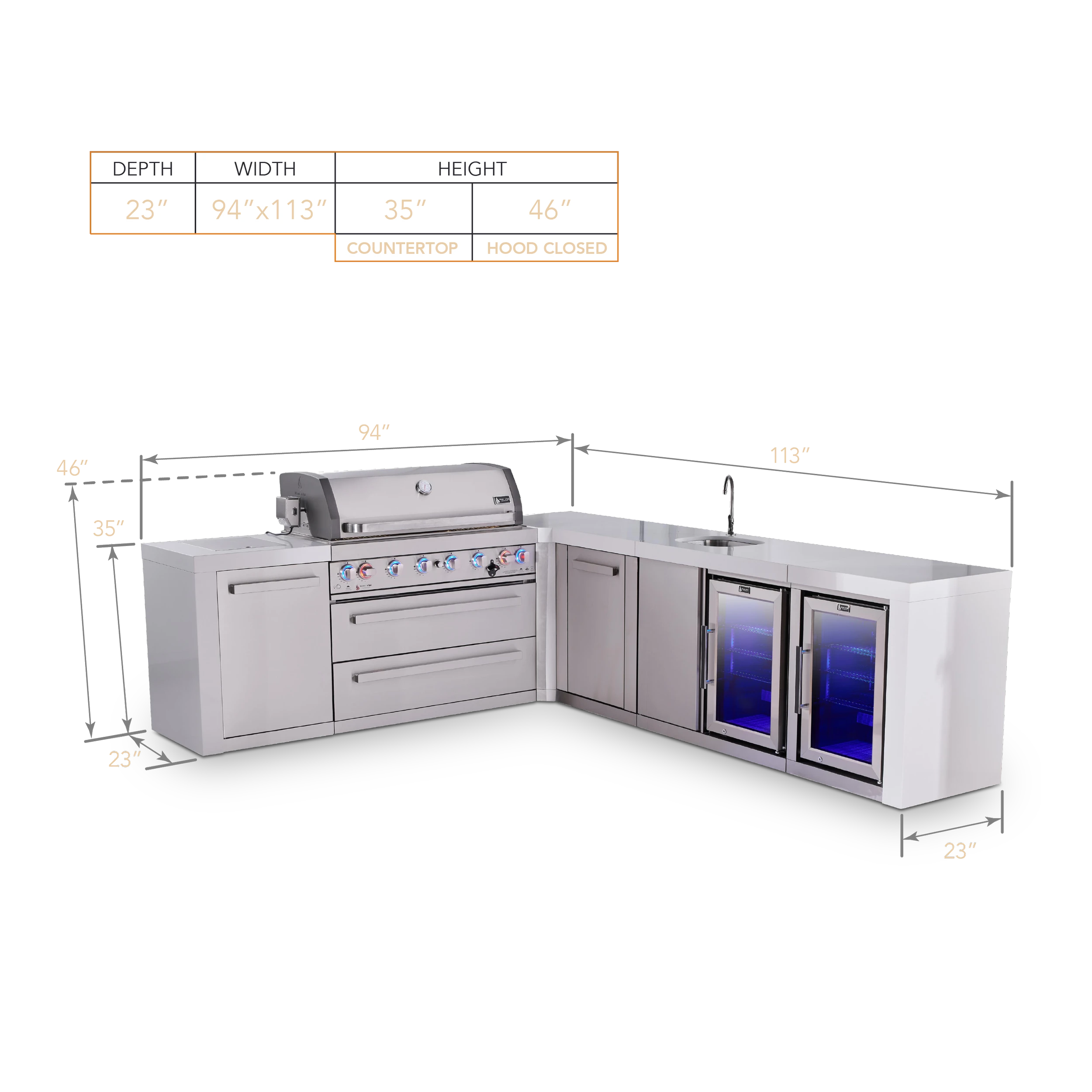 6-burner L-shaped Deluxe Series Outdoor Kitchen Island With 90-degree Beverage Center, Fridge Module And Xl Extra Storage Cabinet MAI805D90BEVFCXL