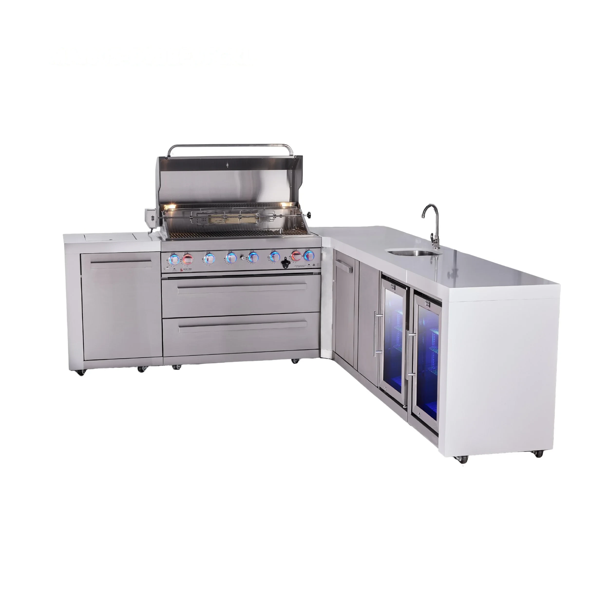 6-burner L-shaped Deluxe Series Outdoor Kitchen Island With 90-degree Beverage Center, Fridge Module And Xl Extra Storage Cabinet MAI805D90BEVFCXL