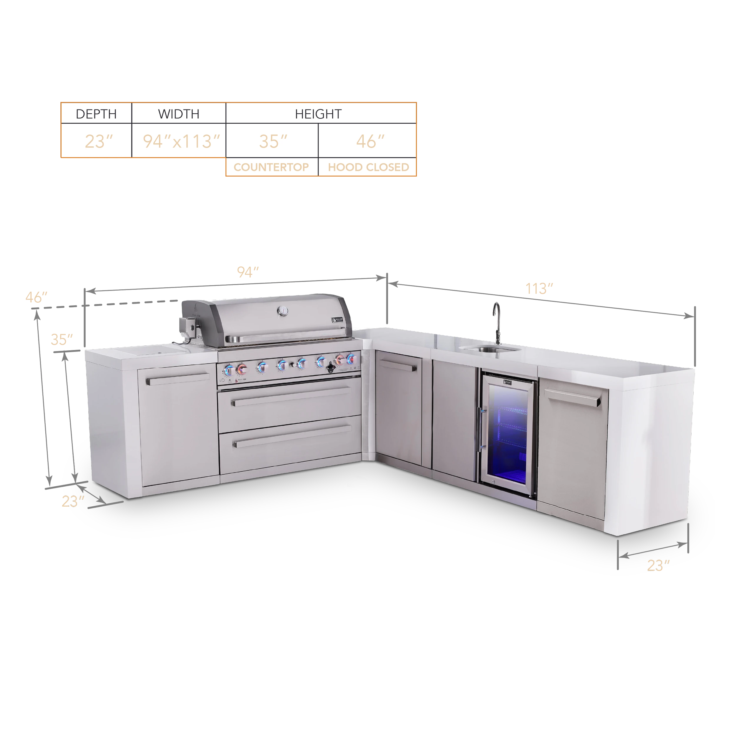 6-burner L-shaped Deluxe Series Outdoor Kitchen Island With Beverage Center And Xl Storage Cabinet Module MAI805D90BEVXL