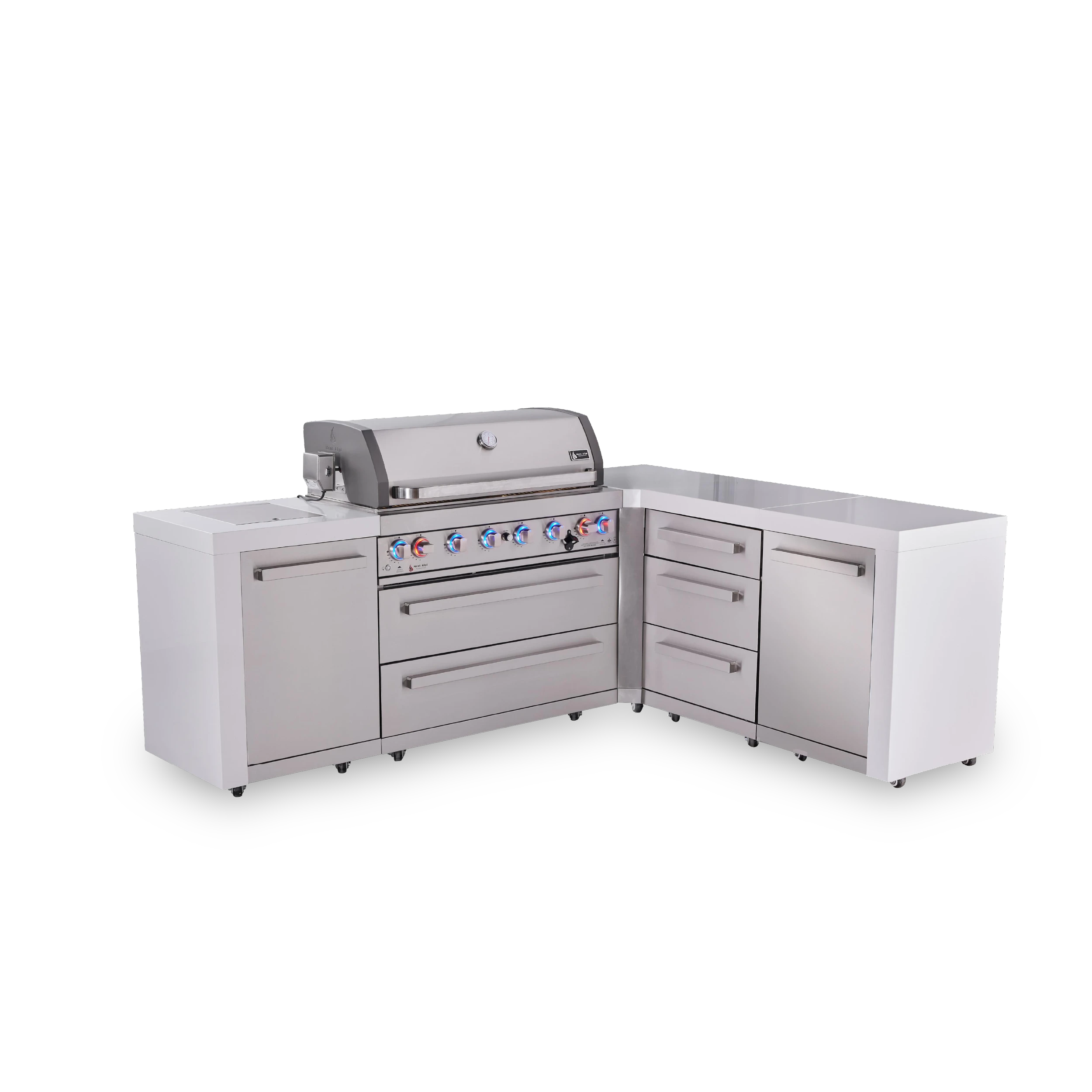 6-burner L-shaped Deluxe Series Outdoor Kitchen Island With Extra Drawer Slides Cabinet Module MAI805D90DR