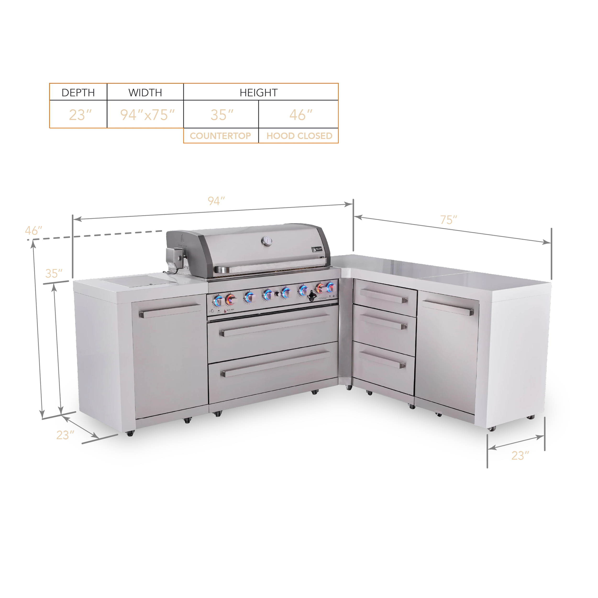6-burner L-shaped Deluxe Series Outdoor Kitchen Island With Extra Drawer Slides Cabinet Module MAI805D90DR